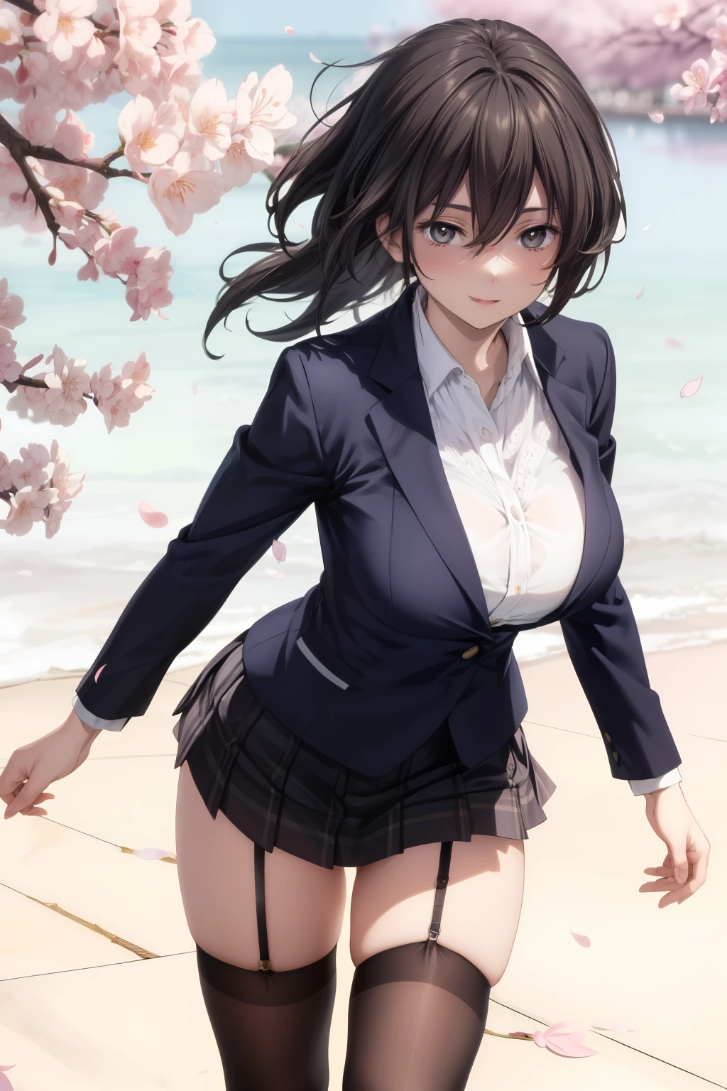 (best quality,4k,8k,highres,masterpiece:1.2),ultra-detailed,(realistic,photorealistic,photo-realistic:1.37),anime character wearing a girls walking upright with straight, 1girl, solo, thigh-highs, ブレザー burezaa (Blazer), short skirt, huge breast, colorful hair, big eyes, innocent smile, long straight hair, vibrant colors, sunny day, cherry blossom background, lively expression, cute accessories, well-proportioned body, soft shading, dynamic pose, anime style, delicate hand, graceful movement, sakura petals falling, joyful atmosphere, playful aura, smooth transitions, glowing highlights, expressive facial features, intricate details, vivid textures, professional artwork, clean lines, perfect proportions, vibrant and eye-catching composition, stunning visual impact, captivating and full of life, enchanting and alluring.