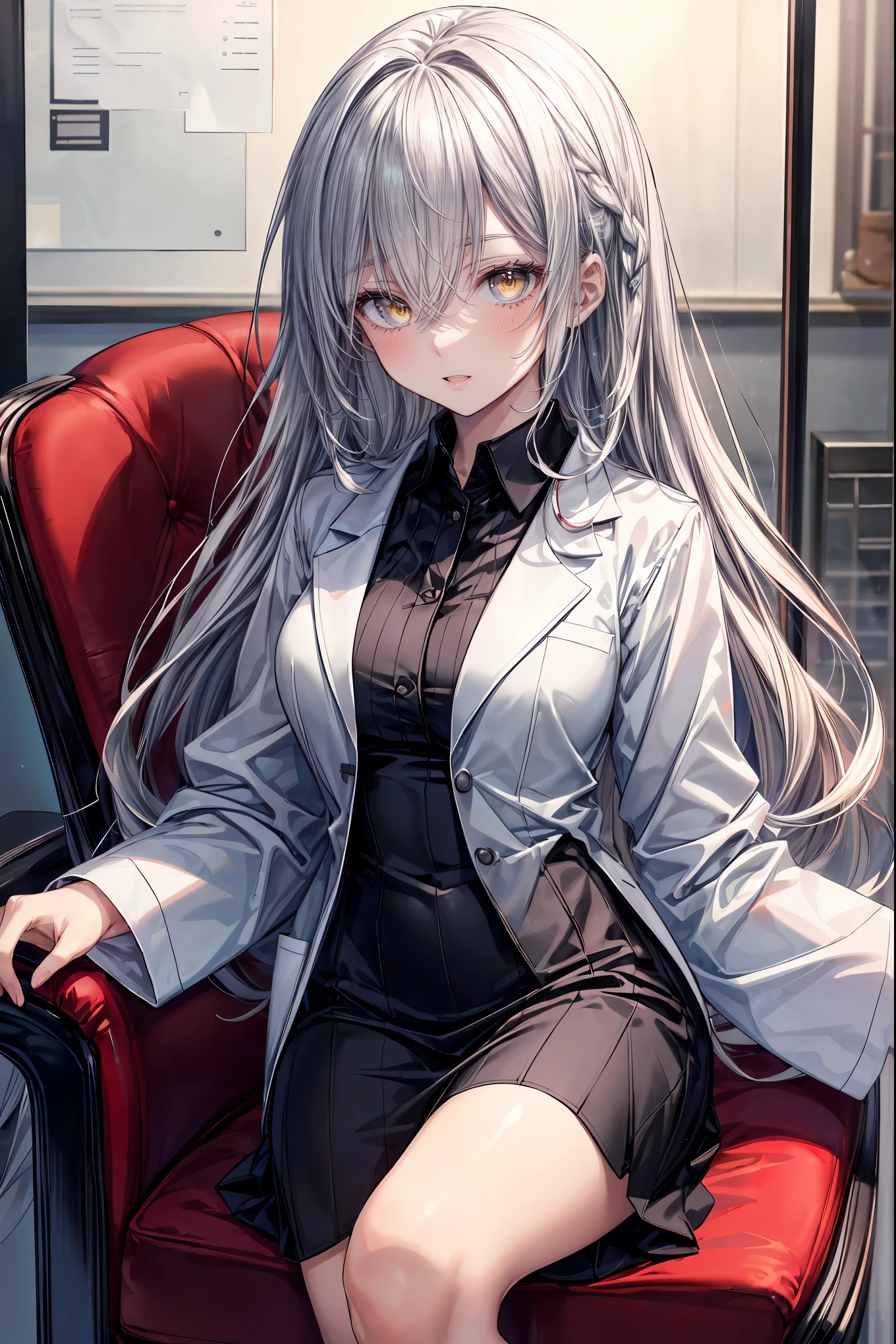 ((8Kmasterpiece,highest quality)), ultra high resolution, (masterpiece: 1.4), hyper detail, (((1 girl))),beautiful and delicate eyes,(yellow eyes),Big eyes,shining eyes of light,Thin and long eyelashes,detailed light,beautiful face,((silver hair)),((long hair)),(white suit),black tights,((Dress like a female doctor)),red hair,(hospital),fearless smile,(please open your mouth wide),Sitting in a chair,looking at the viewer, slender body,My are very big 