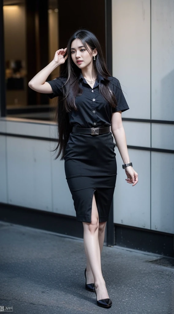 ผู้หญิงญี่ปุ่นที่charming, charming, charmingน่าหลงใหล, black hair, standing in the middle, long hair long hairมาก, long hairตรง, long hair, The wind is blowing, Bird&#39;s eye view of a beautiful woman, The texture is realistic., elegant, big breasts, dynamic gesture, เสื้อเชิ้ตแขนshortสีขาว เสื้อเชิ้ตบางและมองเห็นผิวหนังได้, The chest is clearly visible., Seeing the chest mound., I saw a pile of milk., Black pencil skirt, short, Women&#39;s skirt with belt, Symmetrical shape, sexy figure, Pitch black high heels, earring, Put on a watch, student brooch, full body photo, Look at every part of the body., university backdrop