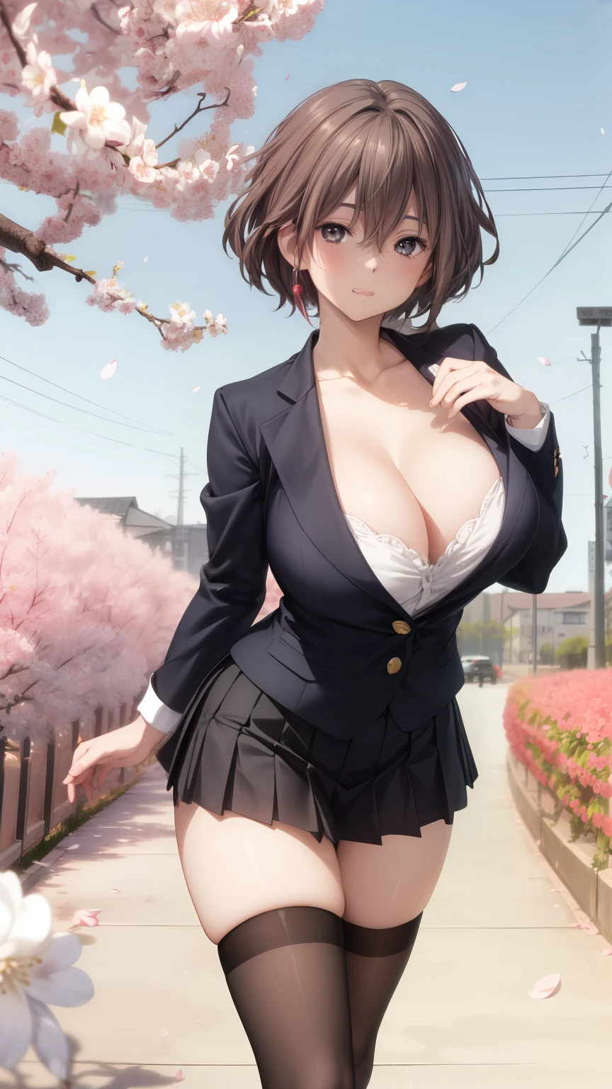 (best quality,4k,8k,highres,masterpiece:1.2),ultra-detailed,(realistic,photorealistic,photo-realistic:1.37),anime character wearing a girls  walking upright with straight, 1girl, solo, thigh-highs, ブレザー burezaa (Blazer), short skirt, huge breast, colorful hair, big eyes, innocent smile, long straight hair, vibrant colors, sunny day, cherry blossom background, lively expression, cute accessories, well-proportioned body, soft shading, dynamic pose, anime style, delicate hand, graceful movement, sakura petals falling, joyful atmosphere, playful aura, smooth transitions, glowing highlights, expressive facial features, intricate details, vivid textures, professional artwork, clean lines, perfect proportions, vibrant and eye-catching composition, stunning visual impact, captivating and full of life, enchanting and alluring.