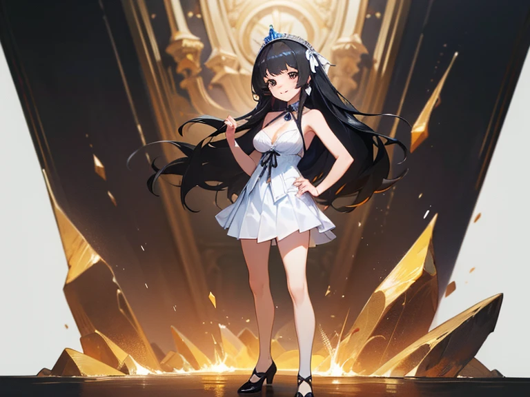 Girl, cute, adorable, full body, smiling, straight hair, long hair, black hair, standing,
slim-fit sleeveless camisole dress, one-piece,
plunking neckline, closed-fitting, emphasizes body line, mini skirt,
blue Chevron (zigzag) patterns on white cotton fabric, offering a bold and modern aesthetic,
platform sandals,