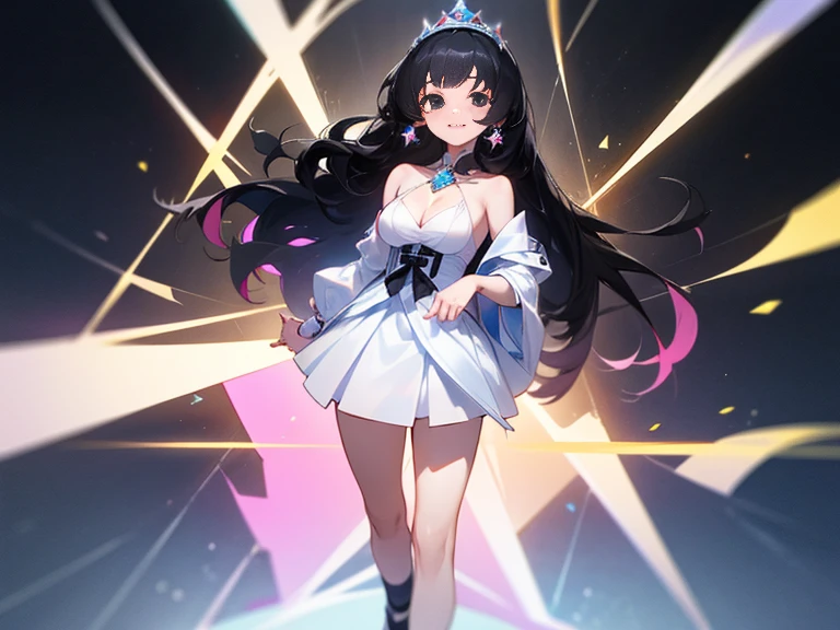 1 girl, game CG, white clothes, I can see the cleavage, I can see your shoulders, white mini skirt, small white ribbon，gem，black shoes, huge breasts, black hair, long hair, straight hair, Princess hairstyle, black eye, smile, 4K，High quality portrait，standing position