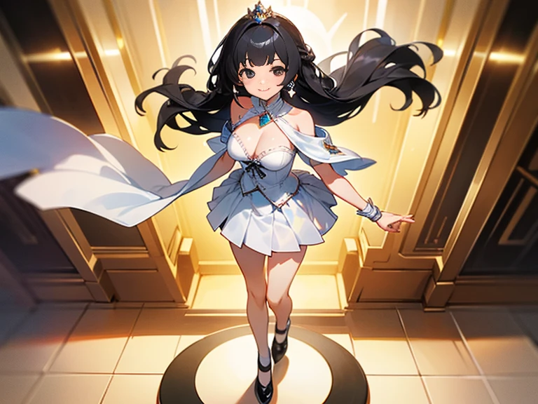 1 girl, game CG, white clothes, I can see the cleavage, I can see your shoulders, white mini skirt, small white ribbon,gem,black shoes, huge breasts, black hair, long hair, straight hair, Princess hairstyle, black eye, smile, 4K,High quality portrait,standing position