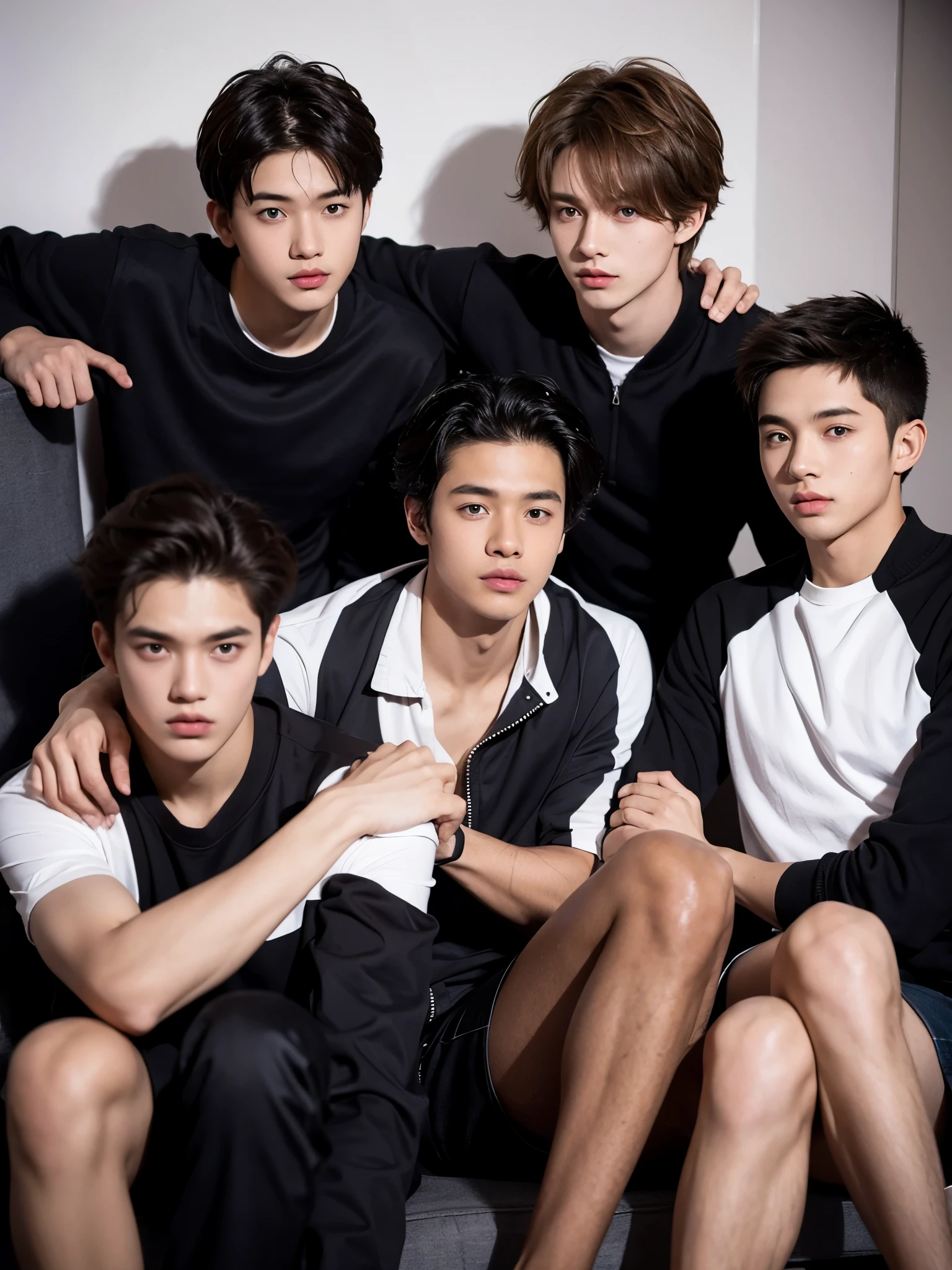 three 20 year old boys, twinks, they wear white tank tops, they are in fashion poses, fashion editorial, bust, the three are together, poses, fashion, black background, photoshoot, faces, bust.