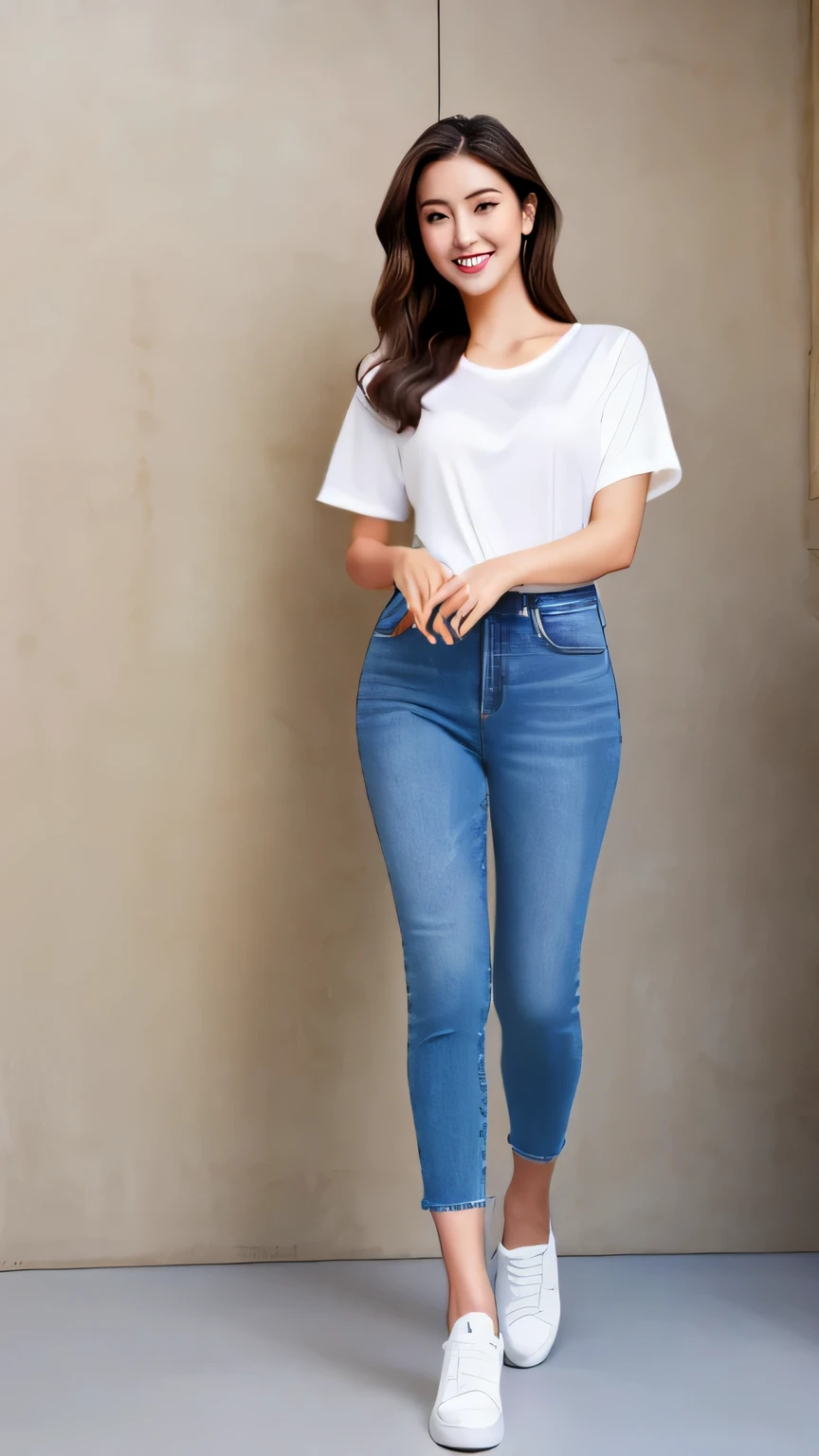 Hyper-Realism, (Photorealsitic:1.4), 8K, maximum resolution, (masterpiece), highly detailed, Professional, best quality, Refined face, beautiful woman, detailed beautiful eyes and lip, beautiful face, idol face, (full body:1.3), (whole body:1.3), Casual jeans and a white T-shirt, slender figure, long straight hair, smiling