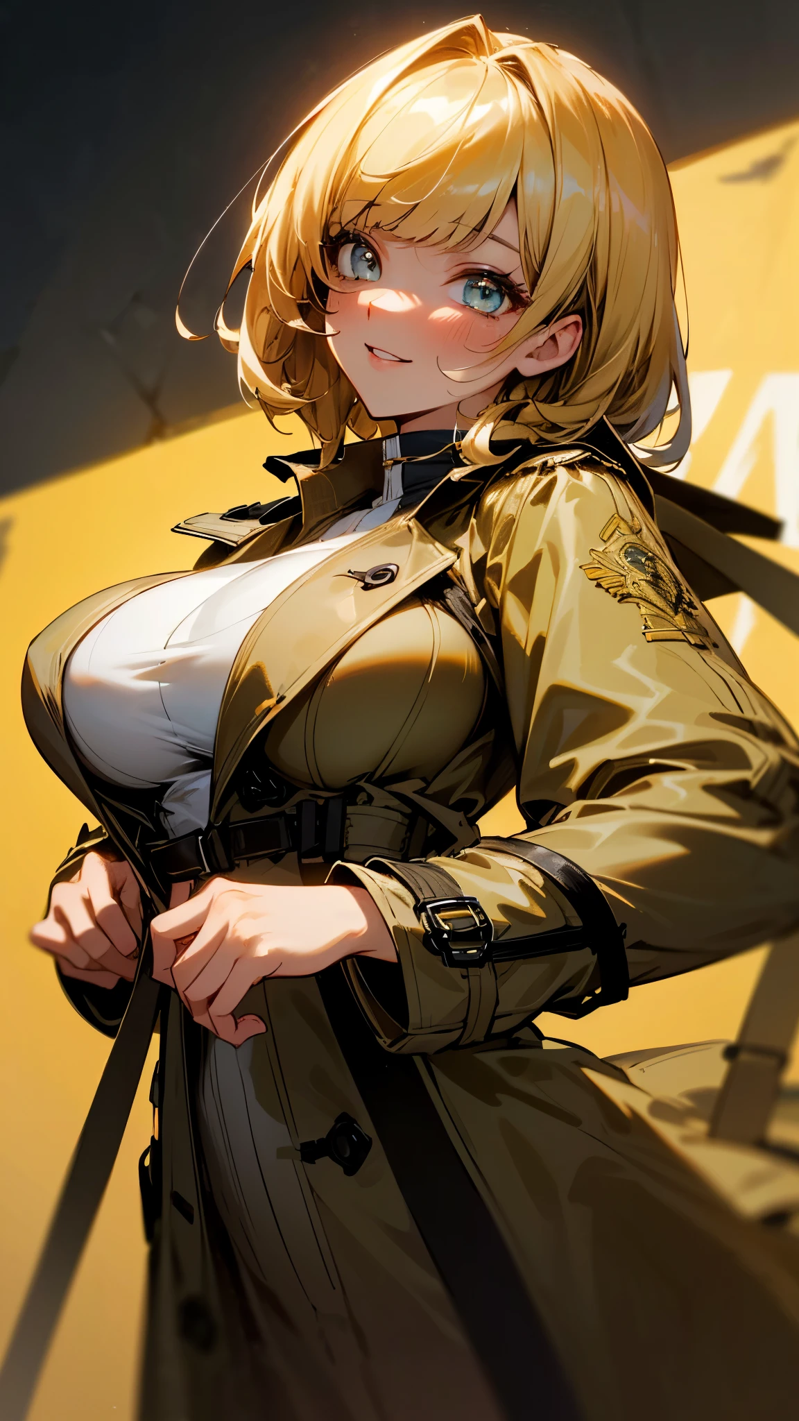 (UHD, retina, masterpiece, accurate, anatomically_correct, textured_skin, super_detail, high_details, high_quality, best_quality, high_res, 1080P, HD, 4K, 8k, 16k), (beautiful_detailed_eyes, beautiful_detailed_lips, extremely_detailed_eyes_and_face), soft_lighting, physically-based_rendering, vivid_colors, (large_breasts:1.5), (shiny_hair, shiny_skin, tanned_skin, blush), (bangs:1.5), eye_reflection, (bokeh), smile_and_laugh, (trench_coat:1.5),