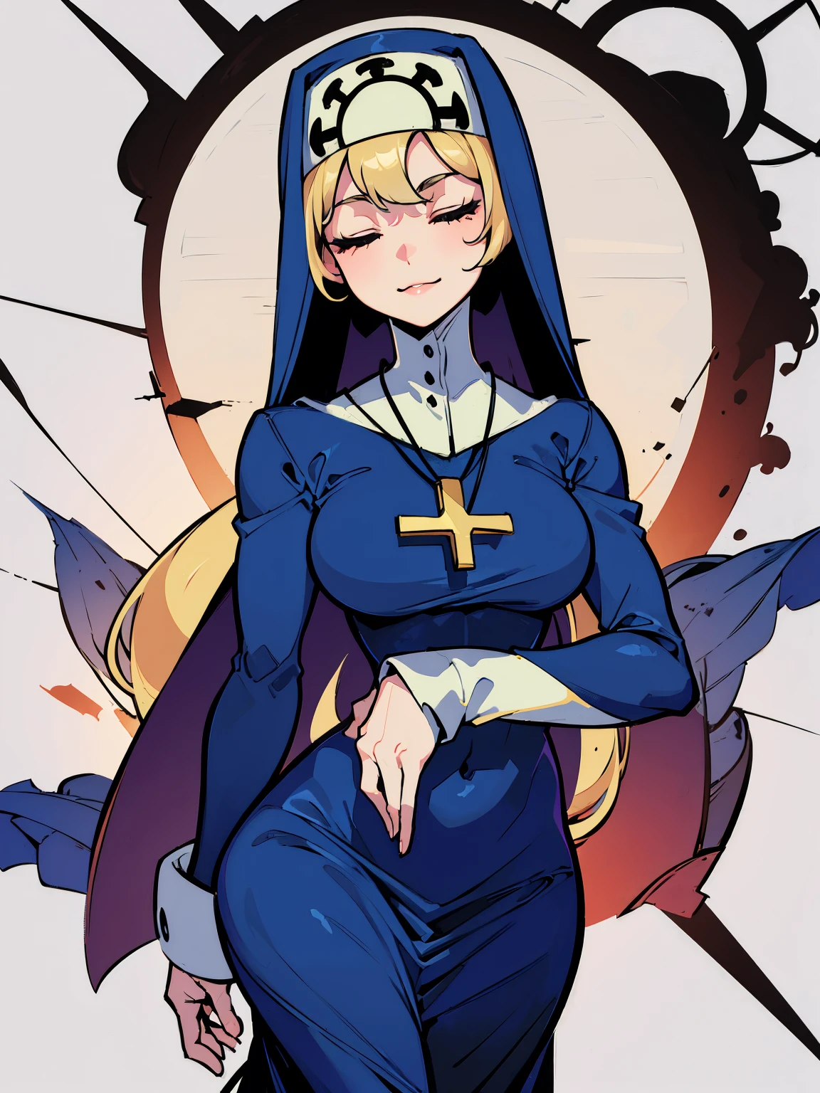 (masterpiece), best quality, expressive eyes, perfect face, (highly detailed, UHD), Double, skullgirls, short blonde hair, medium breasts, solo, smiling, cowboy shot, closed eyes, blue habit, cross necklace, long sleeves, nun, white background
