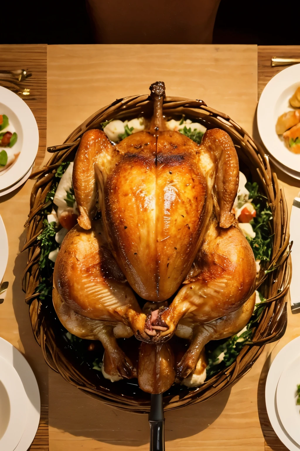 (Superb quality, 4K picture of a roast turkey from the front, top view: 1.4), crisp focus, juicy and golden brown, well-cooked, appetizing, enticing smell, perfect thighs and breasts, roasted vegetables surrounding it, table setting with fine china, beautiful presentation, delicious meal awaiting.