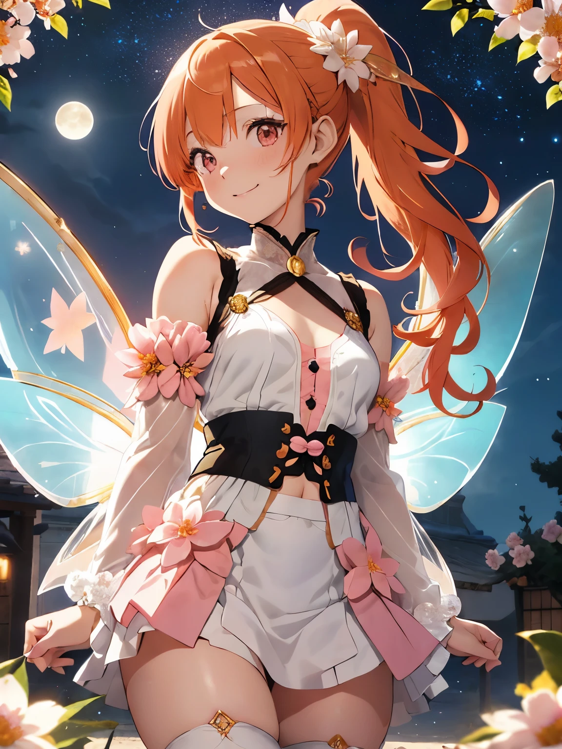 (orange hair:1.2),(Odango Hair:1.3),(With bangs:1.25),(ponytail:1.3),(pink eyes:1.4),(Eye size:1.5),(Accessories with flower motifs:1.3),(One piece made of smooth material:1.3),(sheer sleeve:1.35),(White corset:1.25),(asymmetric hem skirt:1.4),(fluffy pants 1.35),(gladiator shoes:1.25),(Background full of blooming flowers:1.5),(blush),(cute smile:1.3),(small breasts:1.6),(close up of face:1.25),(elf ears:1.2),(transparent wings like a fairy:1.4),(Night sky with extra large full moon:1.25),(fly cheerfully in the sky:1.6),(gold luxury frame:1.4),