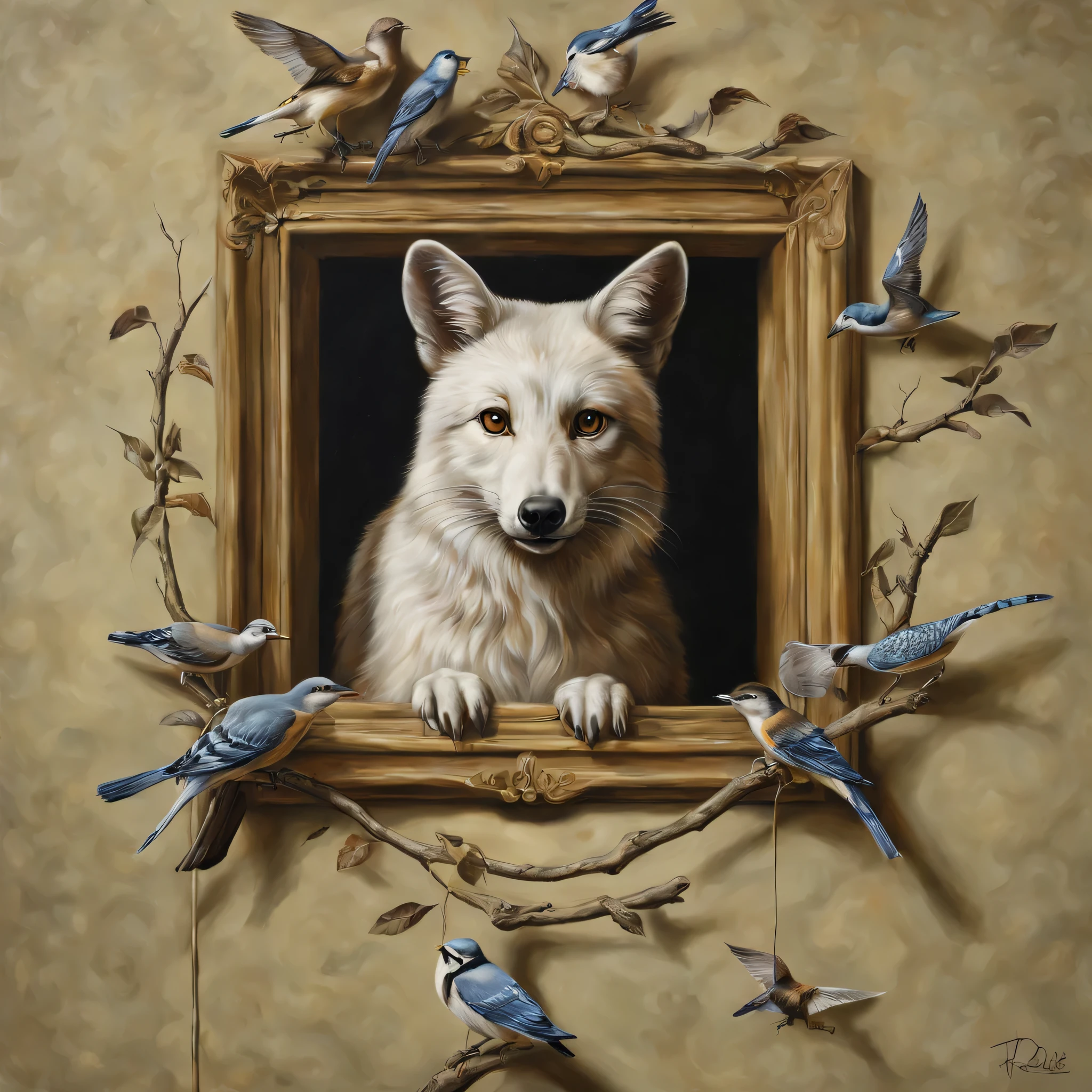 trompe l'oeil,Three-dimensional,3D,masterpiece,Animals that stick out from the picture,Connect part of the picture with reality,anatomically correct,Be polite,came out of the picture,trickart