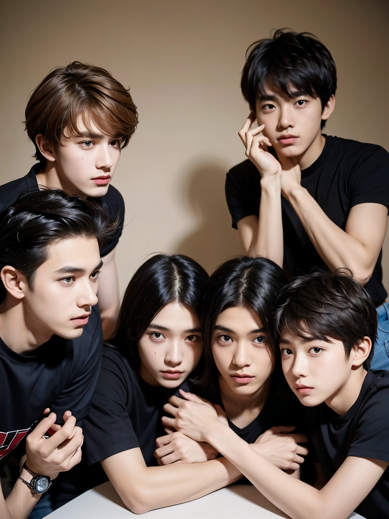 four boys in the photo, 17 y.o, comma hair