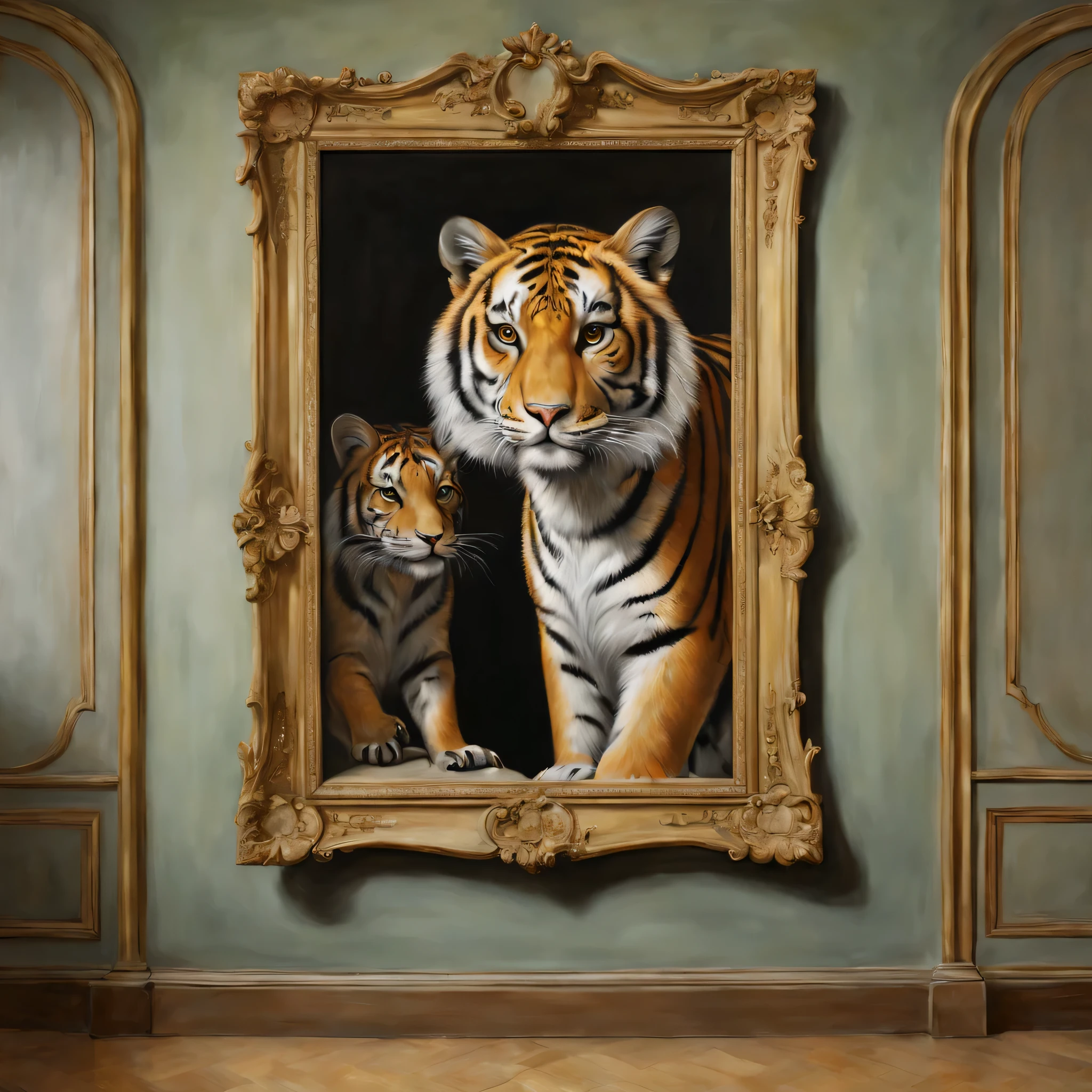 trompe l'oeil,Three-dimensional,3D,masterpiece,Animals that stick out from the picture,Connect part of the picture with reality,anatomically correct,Be polite,came out of the picture,trickart