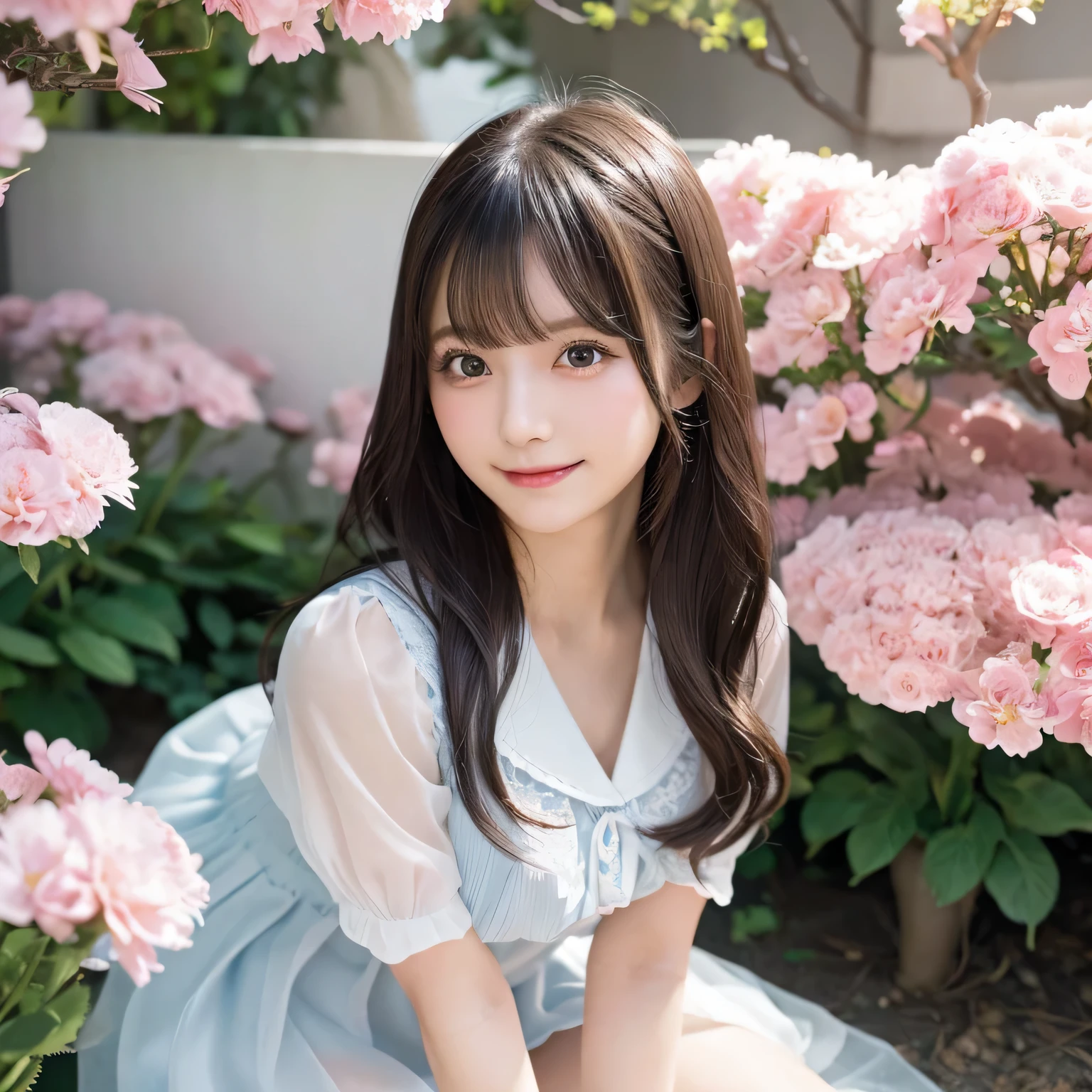 on the table, best quality, illustration, Super detailed, fine details, high resolution, 8k wallpaper, Perfect dynamic composition, Beautiful and delicate eyes,whole body摄影，show your whole body、collared shirt、The mini skirt is thin and transparent、long gray hair, Bold sexy pose,Smile,Harajuku、20 year old girl、Eyeliner、beautiful bangs、hair between eyes、((masterpiece、top quality、Super detailed、movie light、intricate details、high resolution、Very detailed))、background for this、8 kood、digital SLR、soft light、high quality、film grain、富士XT3 、shallow view deep、natural soft light、Kamimei、See the knees, Look at the sexy shots of the lens、Above the legs、whole body、Holding a bouquet of flowers、side view、Bunny Costume