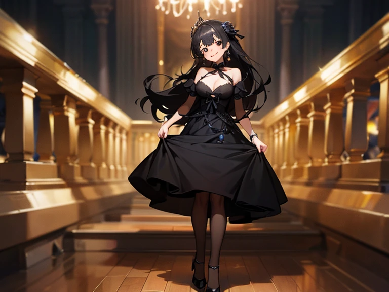 1 girl, game CG, black clothes, I can see the cleavage, 黒いウェディングdress,dress,Small black ribbon,gem,black shoes, high heels,stockings,huge breasts, black hair, long hair, straight hair, Princess hairstyle, black eye, smile, 4K,High quality portrait,standing position