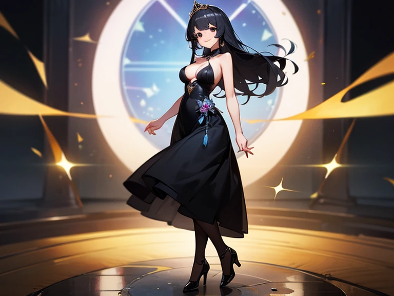 1 girl, game CG, black clothes, I can see the cleavage, 黒いウェディングdress,dress,Small black ribbon,gem,black shoes, high heels,stockings,huge breasts, black hair, long hair, straight hair, Princess hairstyle, black eye, smile, 4K,High quality portrait,standing position