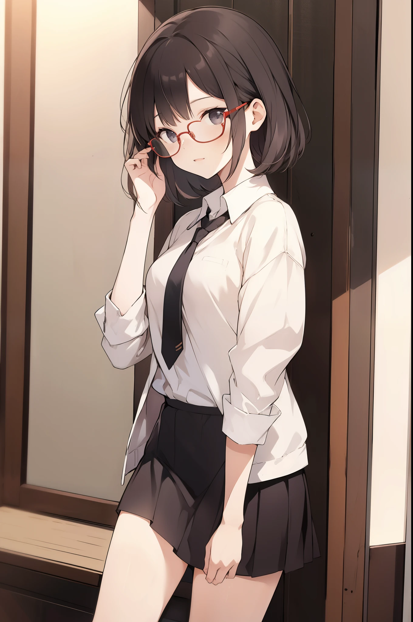 1girl, asian, middle hair, skirt, glasses, bare legs,