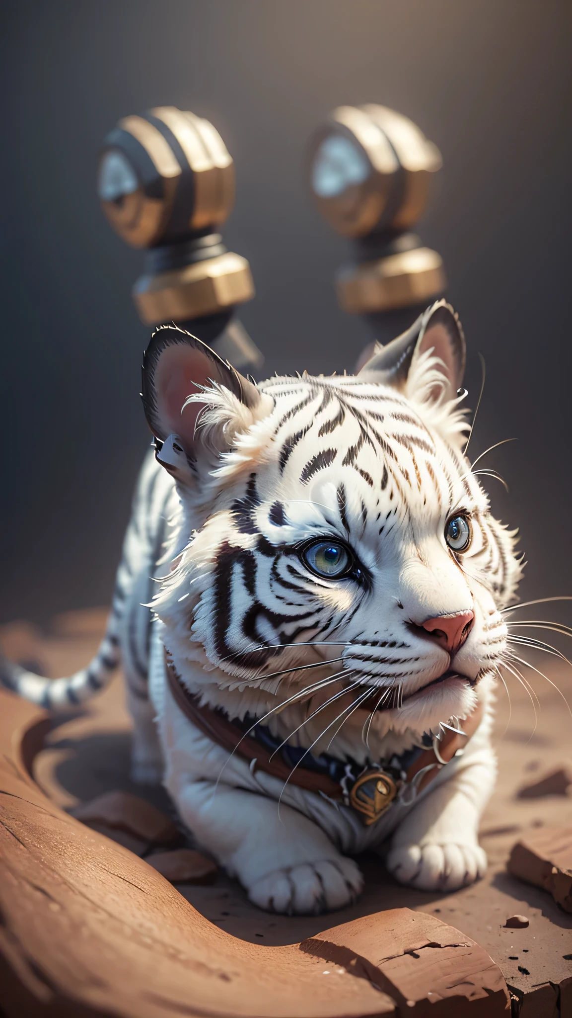 cute tiny hyperrealistic white tiger with different color eyes waring a necklace, Chibi, adorable and fluffy, logo design, cartoon, cinematic lighting effect, charming, 3D vector art, cute and quirky, fantasy art, bokeh, hand-drawn, digital painting, soft lighting, isometric style, 4K resolution, photorealistic rendering, highly detailed clean, vector image, photorealistic masterpiece, professional photography, simple space backdrop, flat white background, isometric, vibrant vector