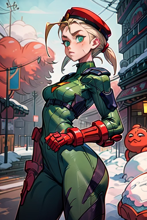 a woman in a green bodysuit and red hat standing in the snow, cammy, extremely detailed artgerm, cutesexyrobutts, style artgerm, artgerm style, ig model | artgerm, in the style artgerm, :: rossdraws, rossdraws and jazza, thicc, artgerm and rossdraws