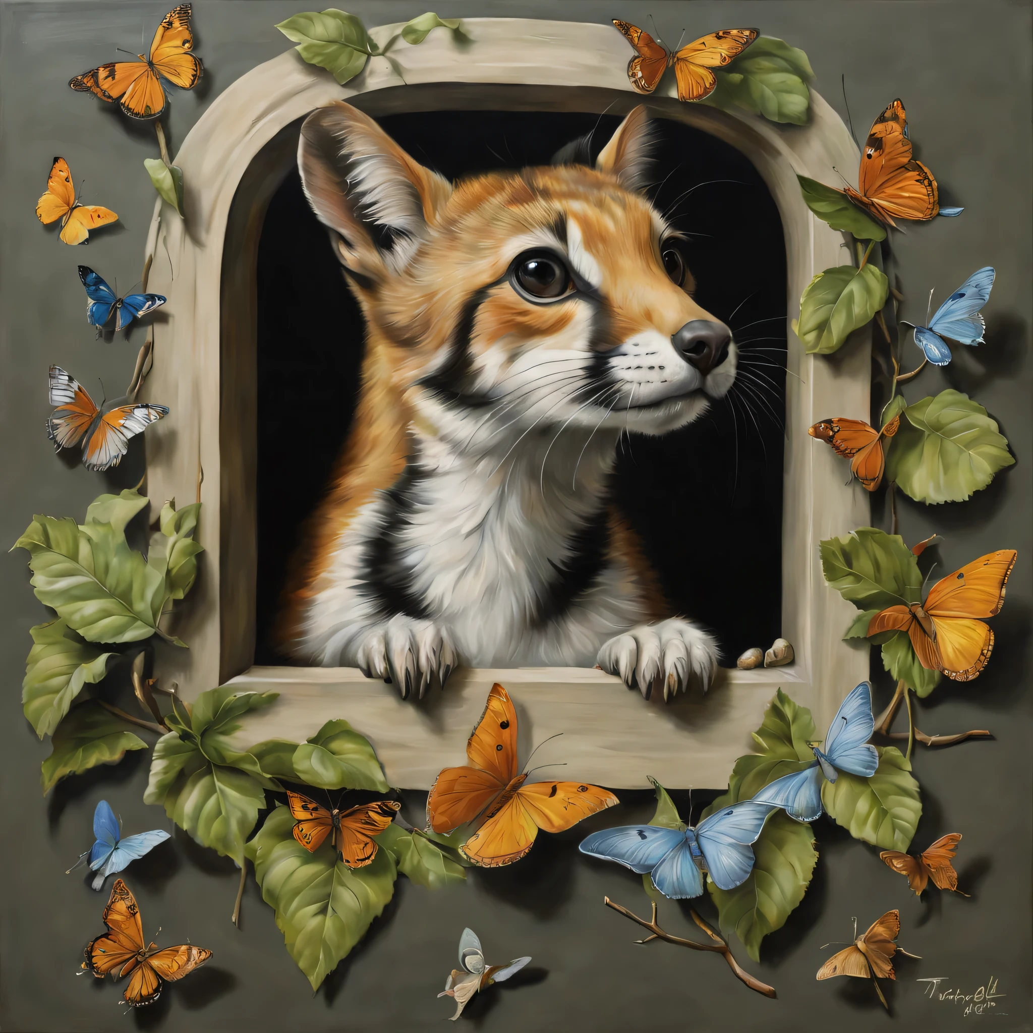 trompe l'oeil,Three-dimensional,3D,masterpiece,Animals that stick out from the picture,Connect part of the picture with reality,anatomically correct,Be polite,came out of the picture,trickart