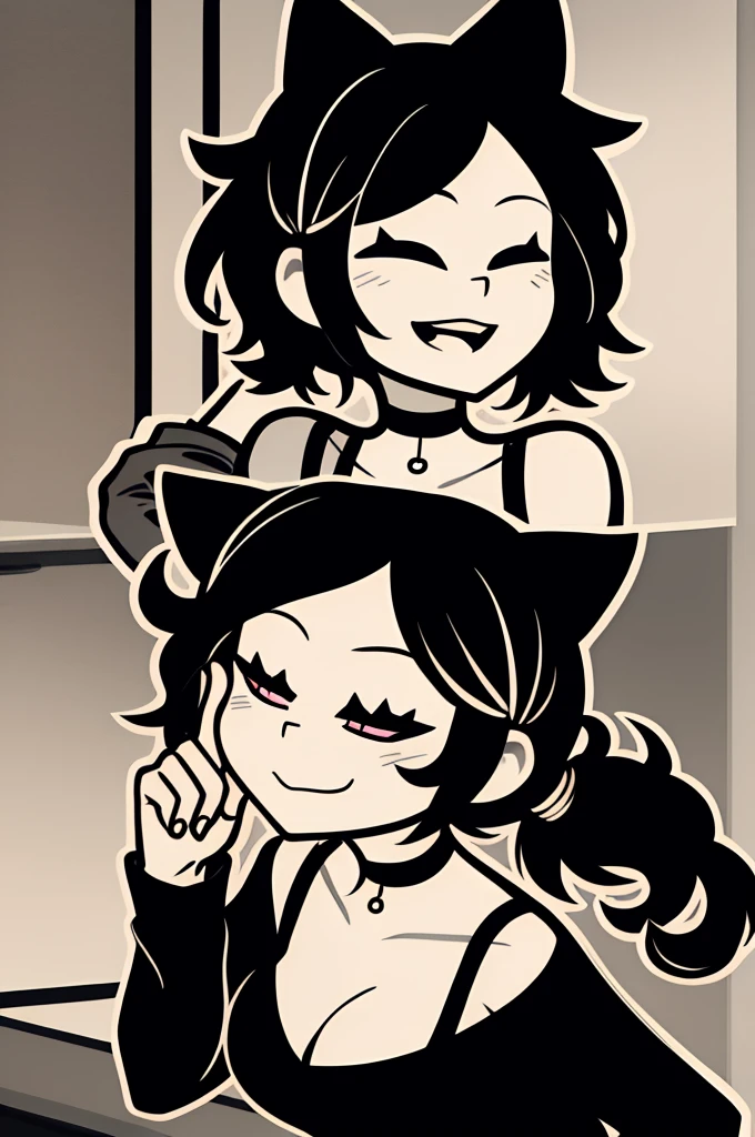 highres, ashleygraves, 1girl, solo, wide open eyes, pink eyes, low ponytail, white outline, monochrome, choker, indoors, smile, closed eyes, <3, cat ears, close up, one hand, spoken, skin tight outfit, seductive, realistic, best quality, masterpiece, ultra detail, ultra high res, extreme detail, 8k