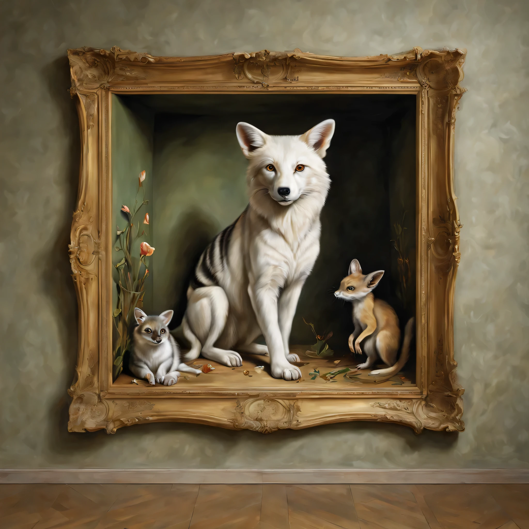 trompe l'oeil,Three-dimensional,3D,masterpiece,Animals that stick out from the picture,Connect part of the picture with reality,anatomically correct,Be polite,came out of the picture,trickart