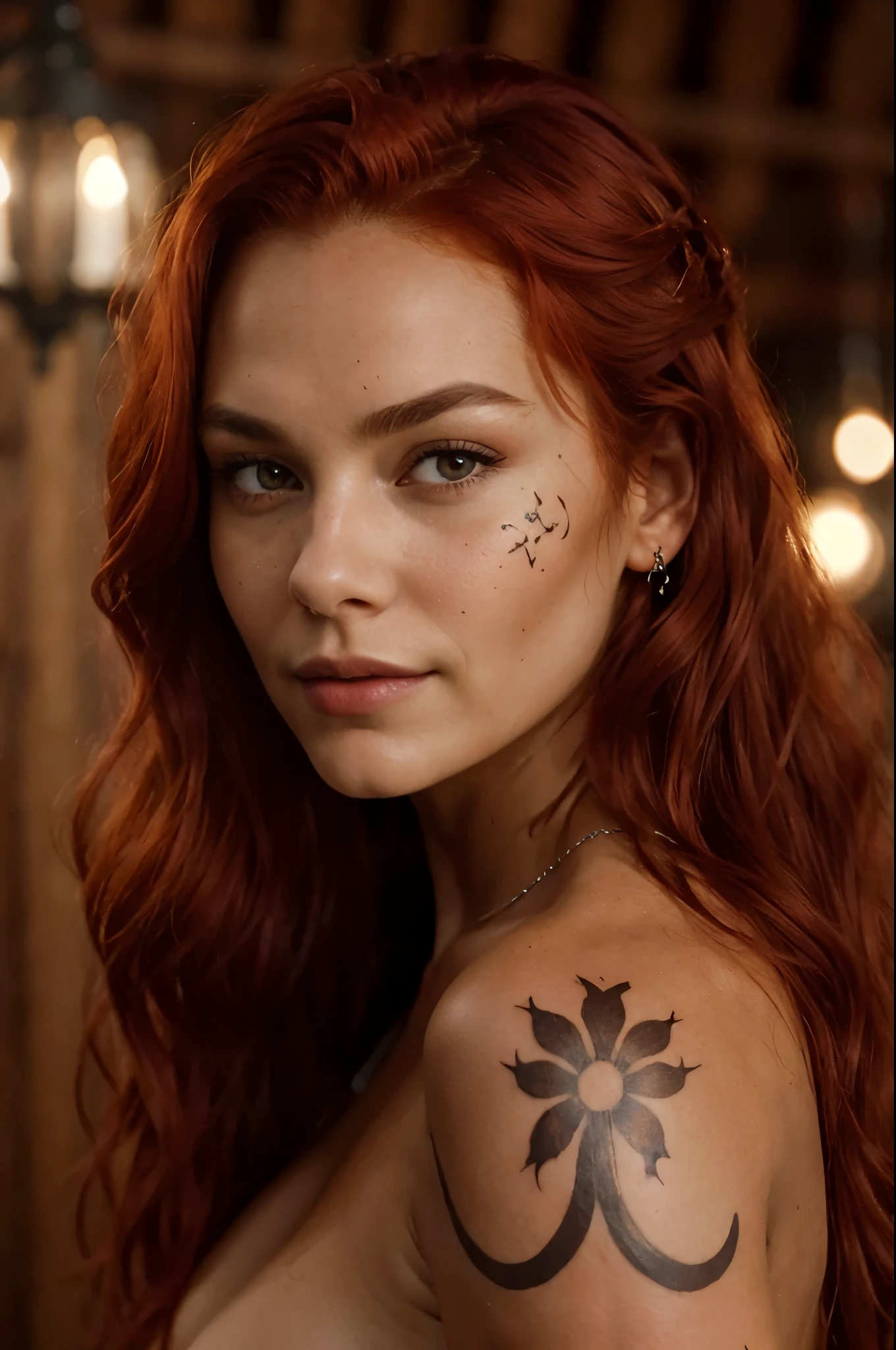 Masterpiece: A hyper-detailed and hyperrealistic portrait of Vendetta, the fiery red-haired woman turning 25. Her long, vibrant red locks cascade in soft waves down her shoulders, enhancing her expressive brown eyes with their delicately upturned noses and softly outlined lips. Her fair, tanned skin is adorned with intricate tribal tattoos that tell stories of her boldness and strength. Vendetta's striking, friendly facial expression evokes warmth, while her seductive, femme fatale gaze captivates.
Cowboy shot: Vendetta, the red-haired warrior, strikes a pose in the sc