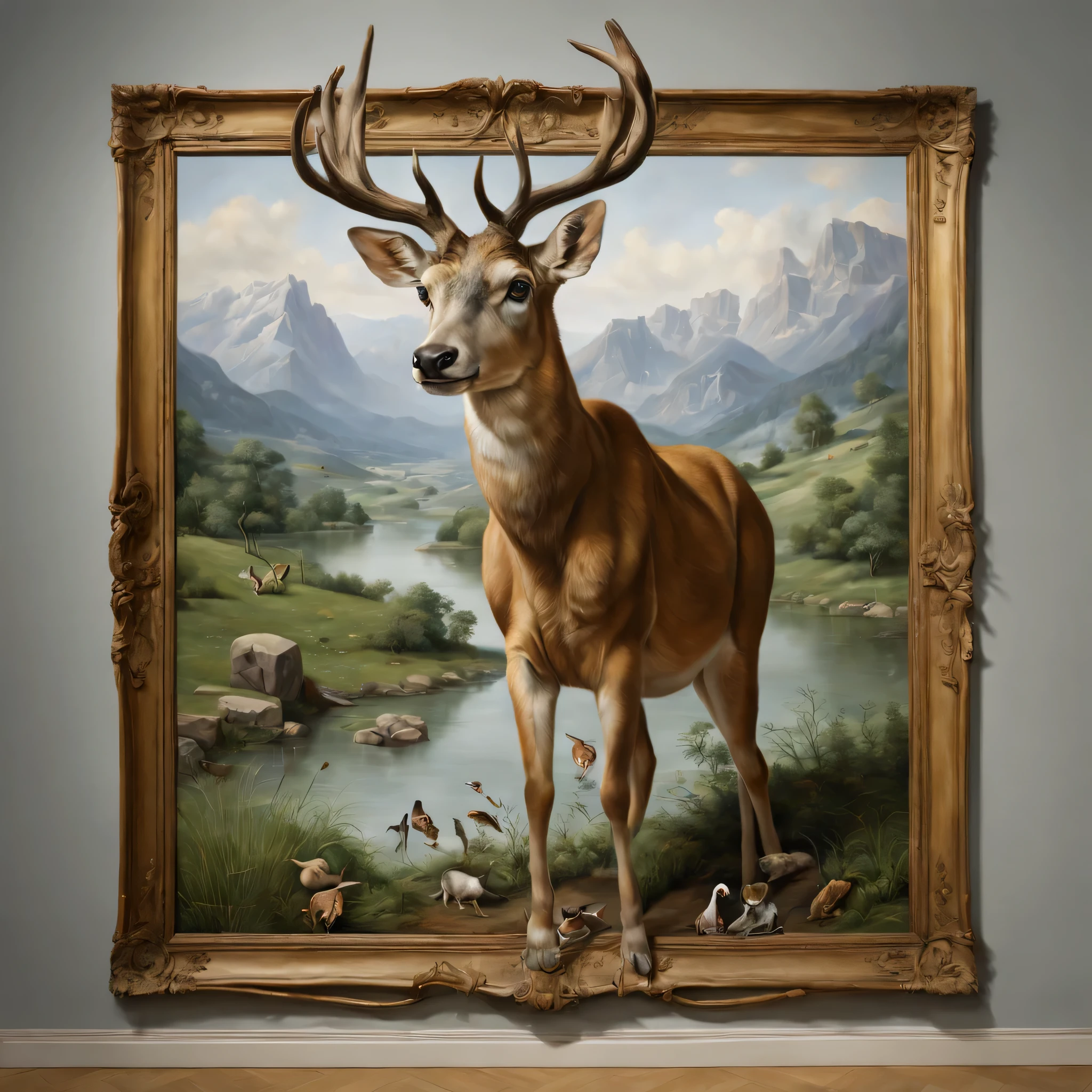trompe l'oeil,Three-dimensional,3D,masterpiece,Animals that stick out from the picture,Connect part of the picture with reality,anatomically correct,Be polite,came out of the picture,trickart
