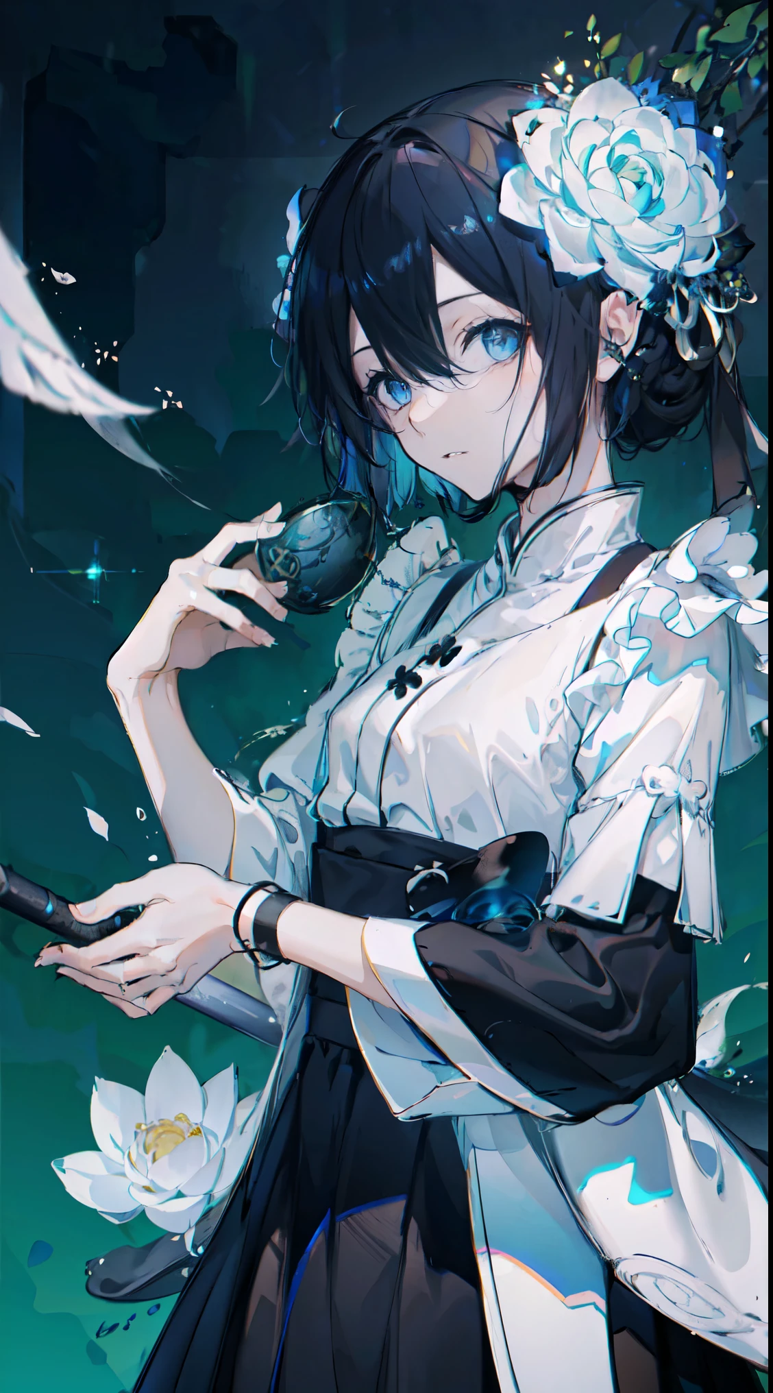 detailed eyes, detailed eye, detailed face, ultra high definition, retina, precise, anatomically correct, textured skin, Super details, Award-winning, high resolution, Best aesthetics, 超high resolution, clearly, ultra detailed, best quality, high quality, super quality, 16k, high detail, high resolution, detailed, masterpiece, beautiful, detailed skin, Yao Zhui, (whole body), (1 bitch), white hair, Loosely braided side tail hair on the right side, curls, right braid loose side tail wavy black hair, blue eyes, sleepy eyes, double eyelids, White lotus, White lotus kimono, White lotus hair ornaments, (beautiful cuntboy with right braid loose side tail wavy black hair holding a White lotus flower)