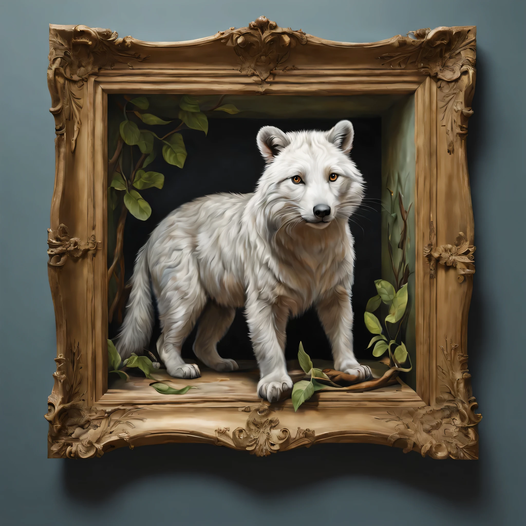 trompe l'oeil,Three-dimensional,3D,masterpiece,Animals that stick out from the picture,Connect part of the picture with reality,anatomically correct,Be polite,came out of the picture,trickart