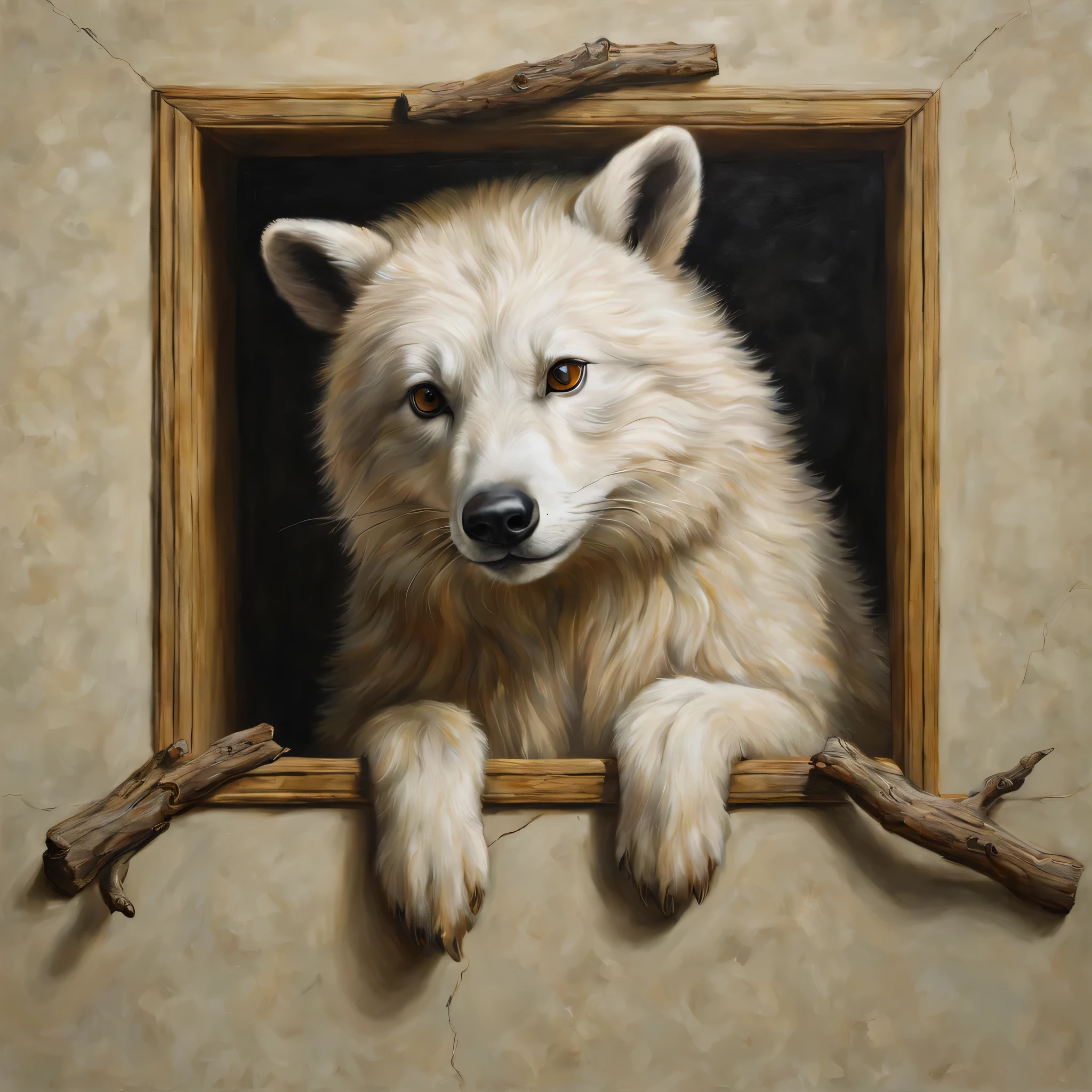 trompe l'oeil,Three-dimensional,3D,masterpiece,Animals that stick out from the picture,Connect part of the picture with reality,anatomically correct,Be polite,came out of the picture,trickart