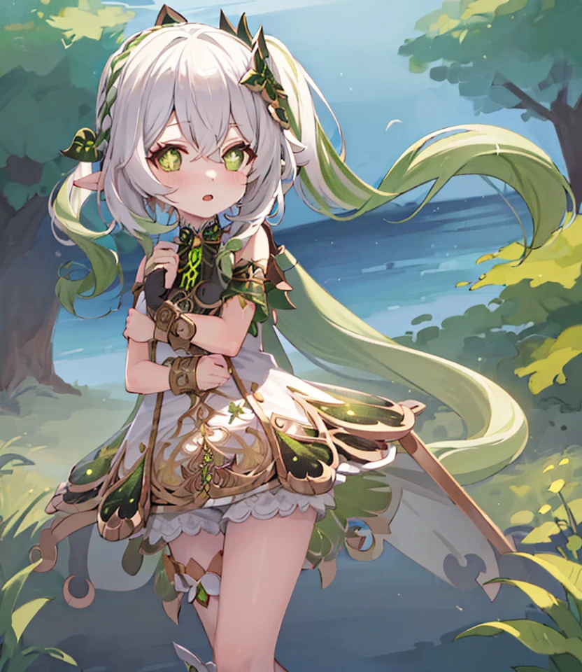 masterpiece, best quality, 1girl, solo, nahida_genshin, cross-shaped pupils, default_dress, green cape, standing