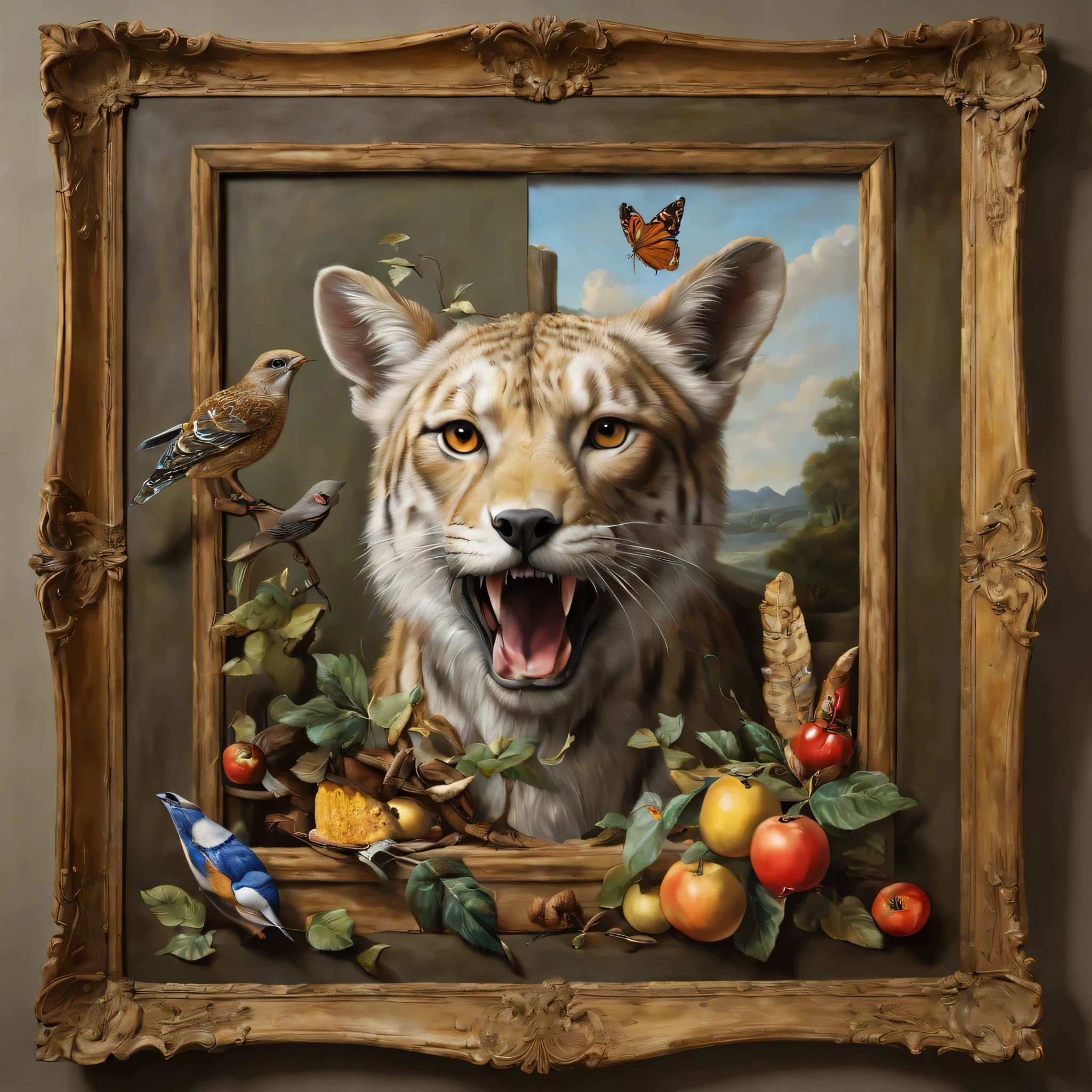 trompe l'oeil,Three-dimensional,3D,masterpiece,object, people々, With animals that stick out from the picture,Connect part of the picture with reality,anatomically correct,draw carefully,trickart