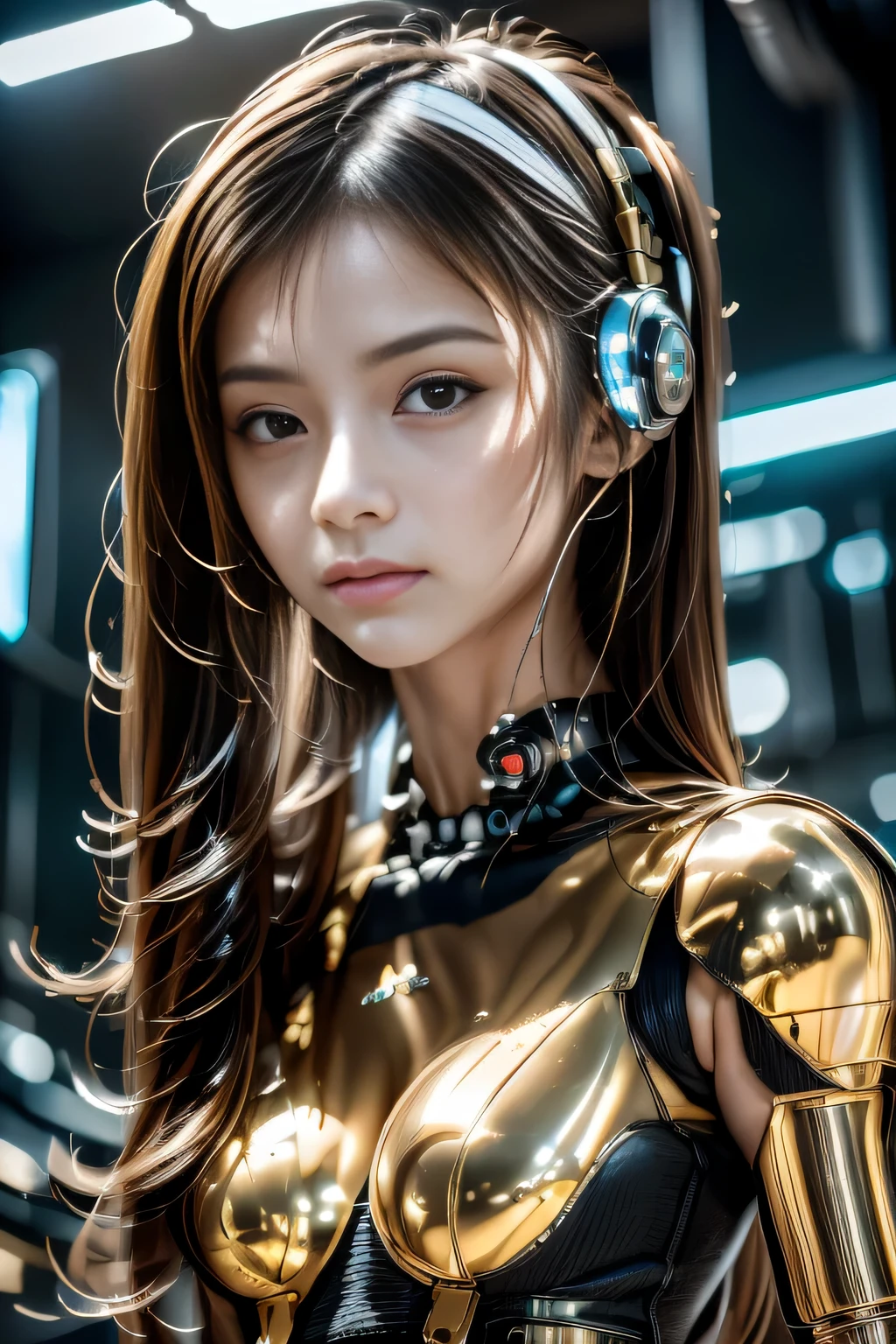 (masterpiece:1.3), (8K), (highest quality:1.4), (UHD:1.2), (realistic:1.3), (Raw photo), (1cyborg girl), (Ultra high definition), (detailed face), very perfect beautiful and cute face, (fine hair), beautiful hair, bangs, (symmetrical eyes:1.3), (fine eyes), (fine skin), realistic skin, shiny skin, ultra high resolution, (medium breasts), (slim body shape), (super model figures), 20 years, Japanese, 

( cyborg, android, gynoid cyborg body, perfect cyborg woman, machine arm:1.5, futuristic short headset ), Walking through the Cyber City