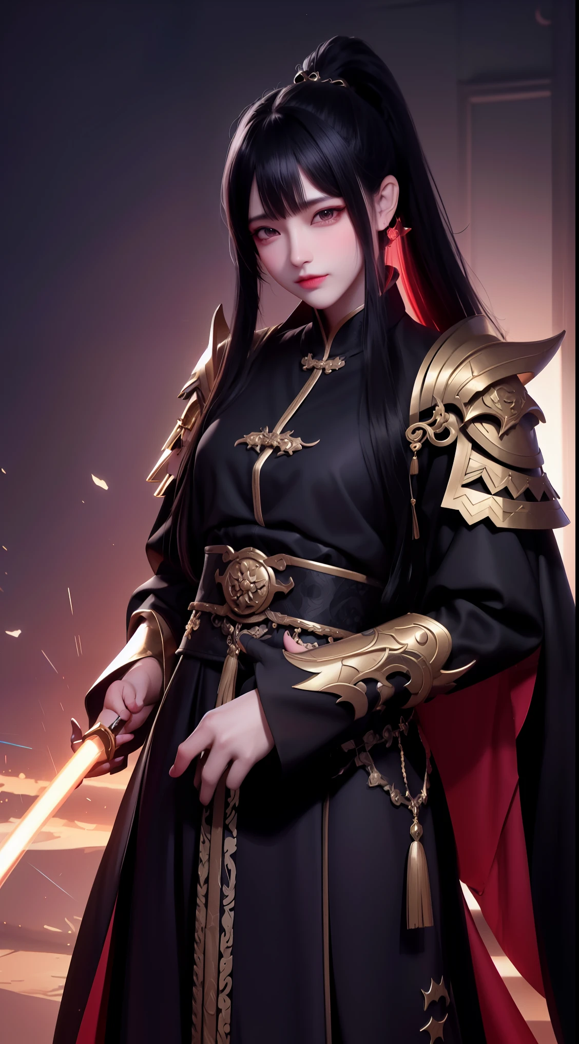 China,Dark Big, Oriental eyes,
Black long hair gathered in a Chinese ponytail,
ah high,Dressed in a black leather cloak, with metal shoulder pads, holds a sword, What scatters star rays,
fantasy ,Blend of black gold, Gold Pattern, Dragon Pattern Road, prince, palace,Lightning effect,