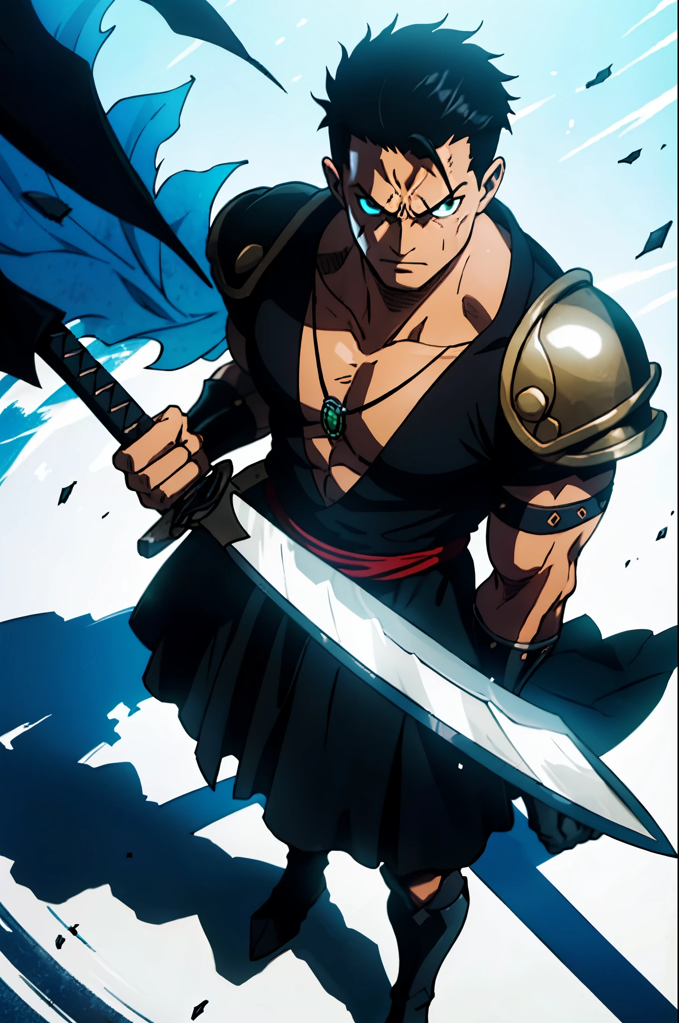 Appearance: Eric Shade, outstanding warrior, tall and muscular, with straight black hair of medium length, reaching the ears. His green eyes give off determination, and thin black eyebrows emphasize his masculinity. His face bears sharp scars from many fights and battles..
Cloth: Eric prefers to wear dark green leather combat armor, which emphasizes his muscular body and provides freedom of movement. It may also have stripes or symbols on it, associated with his heroic deeds.
Distinctive feature: Eric always wears a medallion with a carved symbol, which he inherited from his father. This medallion is a source of strength for him and a reminder of his ancestors.
Weapon: Huge machete with a heavy blade and an ornate handle. This weapon symbolizes his strength and danger in battle..
Ability: Eric has the ability to cover his body with shadow arms - shadow armor, which provides him with additional protection and weapons in battles. Shadow hands are able to manipulate the surrounding space and influence opponents.
Eric Shade - сильный и непреклонный воин, ready to take on any challenge and fight for your legacy.