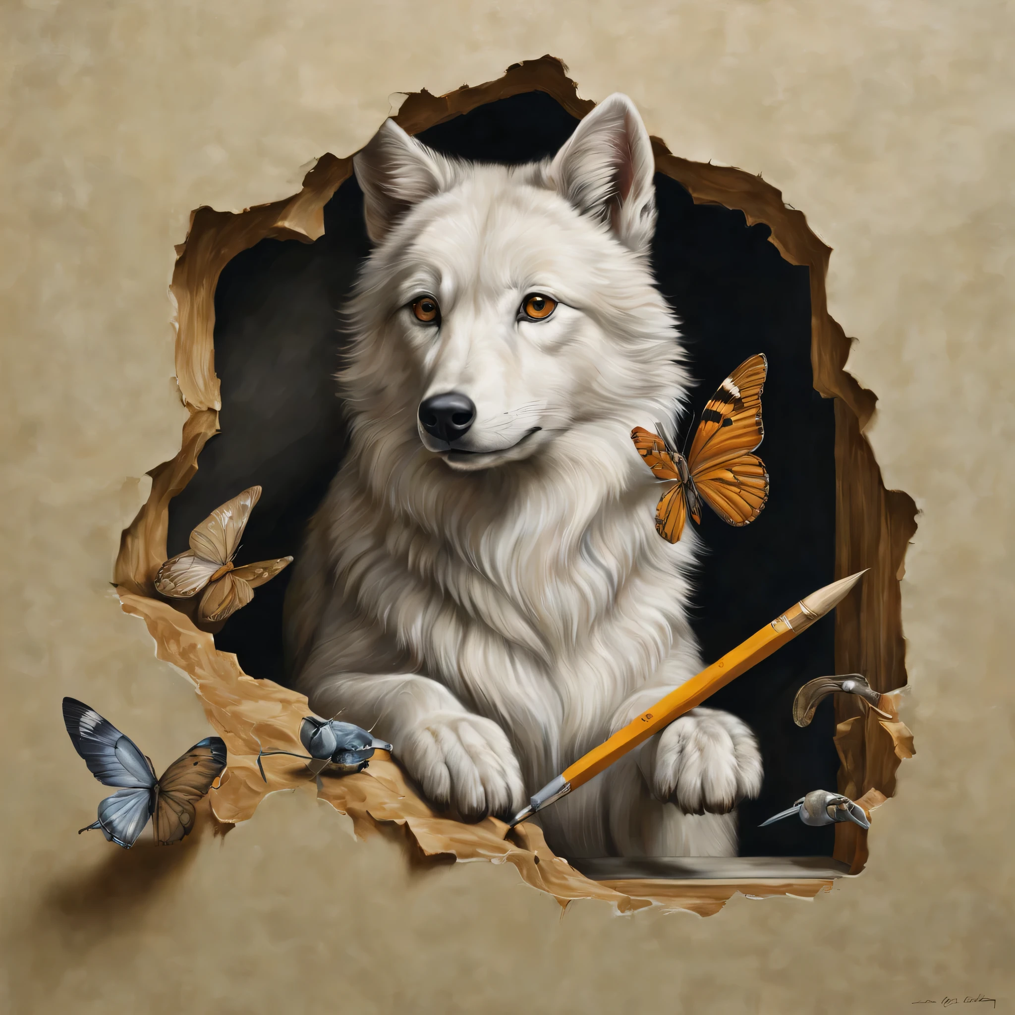 trompe l'oeil,Three-dimensional,3D,masterpiece,object, people々, With animals that stick out from the picture,Connect part of the picture with reality,anatomically correct,draw carefully,trickart