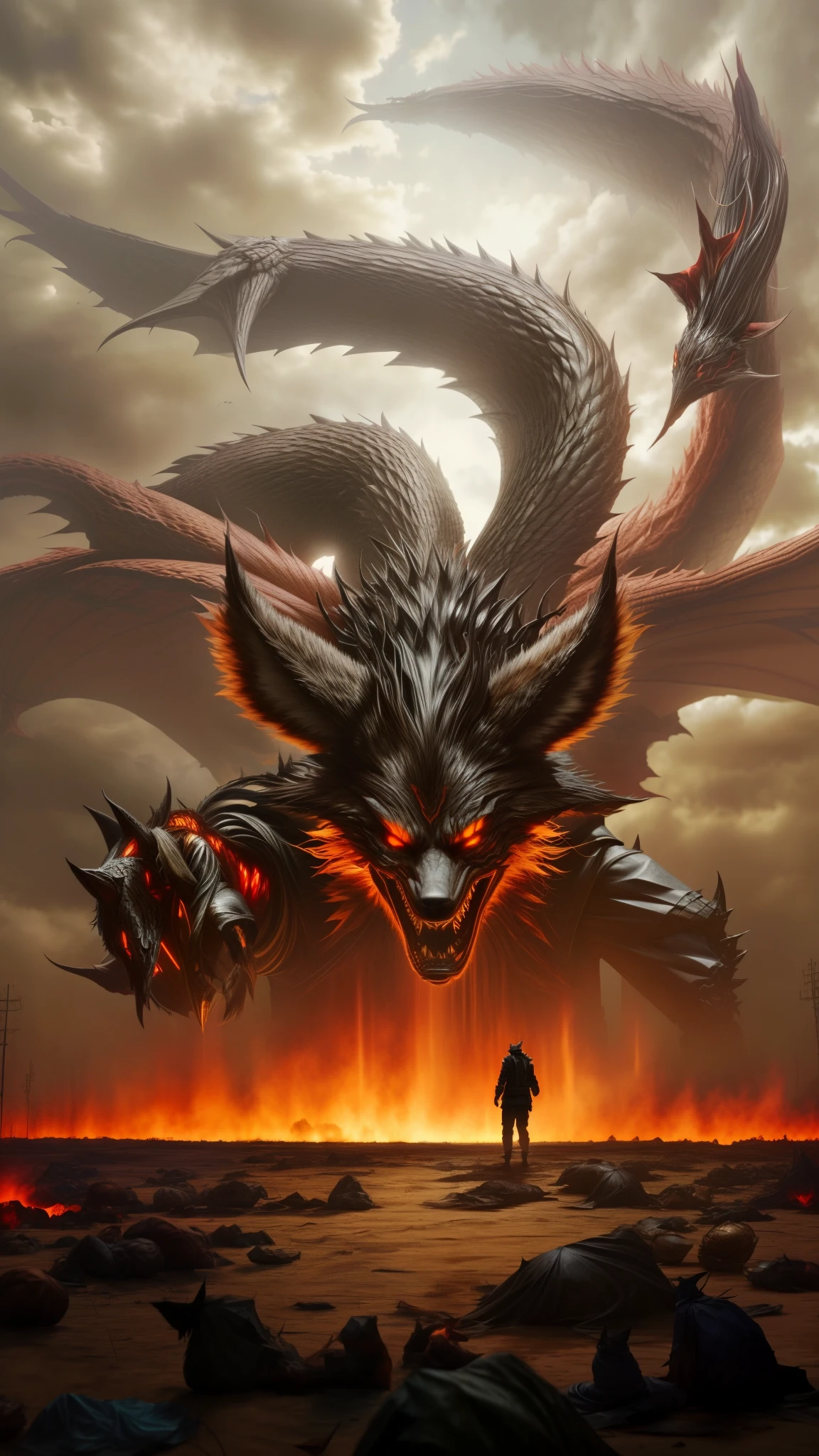 there is a man standing in front of a giant fox nine tails monster, nine tails, demonic monster, one a demon - like creature, one a demon-like creature, fenrir, huge creature, demonic creature, chtulhu, hyper realistic fantasy monster, giant kaiju dragon monster, giant ethereal creature, anime epic artwork, symmetrical epic fantasy art, gigantic creature
