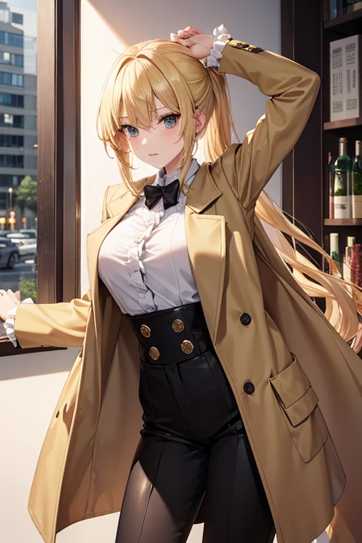 20th generation women,blonde tied back,slender and tall,slender,frill shirt,crocodile skin coat,