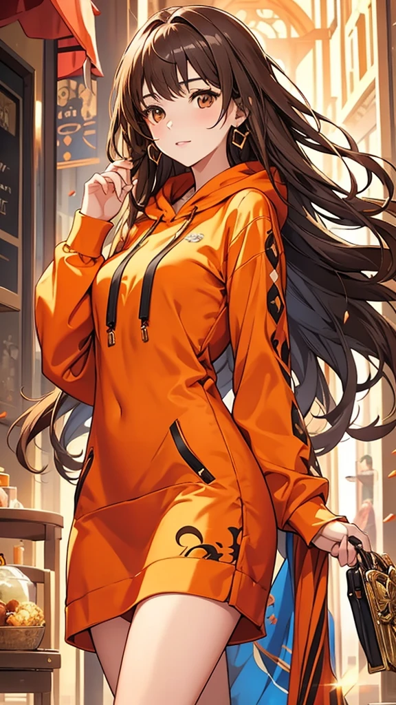 HD clarity, Superb CG of female characters, Seductive brown hair, eyes that sparkle like jewels, look straight at the camera, Dress with a sense of design, orange long hoodie