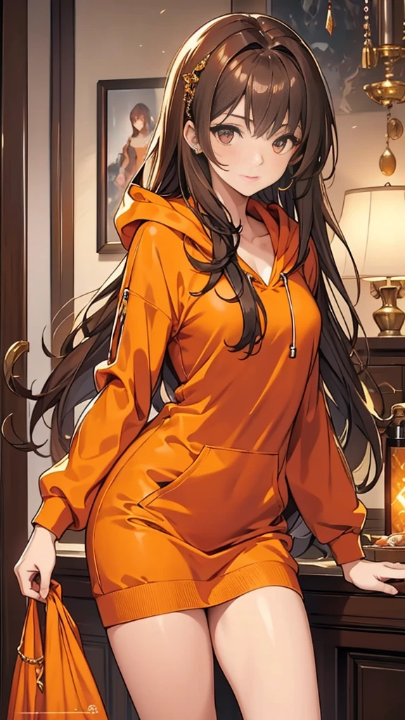 HD clarity, Superb CG of female characters, Seductive brown hair, eyes that sparkle like jewels, look straight at the camera, Dress with a sense of design, orange long hoodie