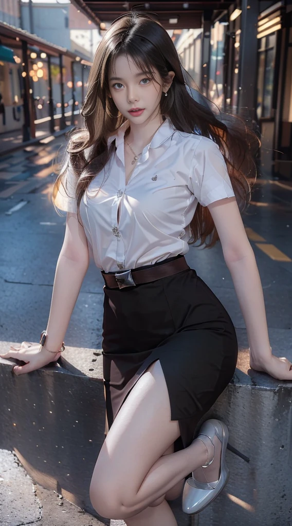 ผู้หญิงญี่ปุ่นที่charming, charming, charmingน่าหลงใหล, black hair, standing in the middle, (long hair long hairมาก, long hairตรง, long hair, The wind is blowing), Bird's eye view of a beautiful woman, The texture is realistic., dynamic gesture, (White short-sleeved shirt The shirt is thin and the skin is visible.), (elegant, big breasts, The chest is clearly visible., Seeing the chest mound., I saw a pile of milk.), (Short black pencil skirt, Very short, Women's skirt with belt), (Symmetrical shape, sexy figure, small waist, Long legs), (Pitch black high heels, earring, Put on a watch, student brooch), (full body photo, Look at every part of the body.), university backdrop