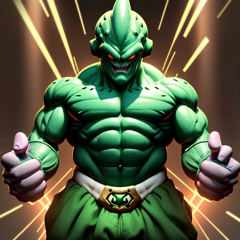 Majin Buu, the rotund villain, Transformed himself in a breathtaking spectacle, Donning the iconic Green Lantern suit. His bulging figure filled out the vibrant green armor, Every ripple and wrinkle of his body contained within the finely detailed lines of the suit.

The suit's texture shimmered under the cinematic lighting, Every green crevice glowing with an otherworldly radiance. The power ring was prominently displayed on his left hand, Its energy pulsating with a soft blue light, adding a contrasting yet harmonious touch to the scene.

Majin Buu's eyes, now glowing with an intense green