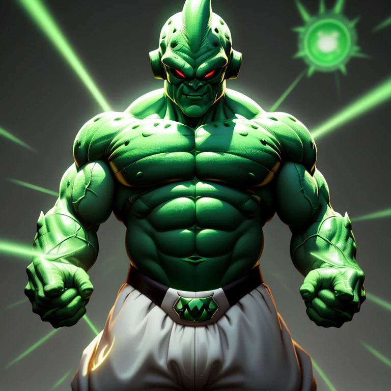 Majin Buu, the rotund villain, Transformed himself in a breathtaking spectacle, Donning the iconic Green Lantern suit. His bulging figure filled out the vibrant green armor, Every ripple and wrinkle of his body contained within the finely detailed lines of the suit.

The suit's texture shimmered under the cinematic lighting, Every green crevice glowing with an otherworldly radiance. The power ring was prominently displayed on his left hand, Its energy pulsating with a soft blue light, adding a contrasting yet harmonious touch to the scene.

Majin Buu's eyes, now glowing with an intense green