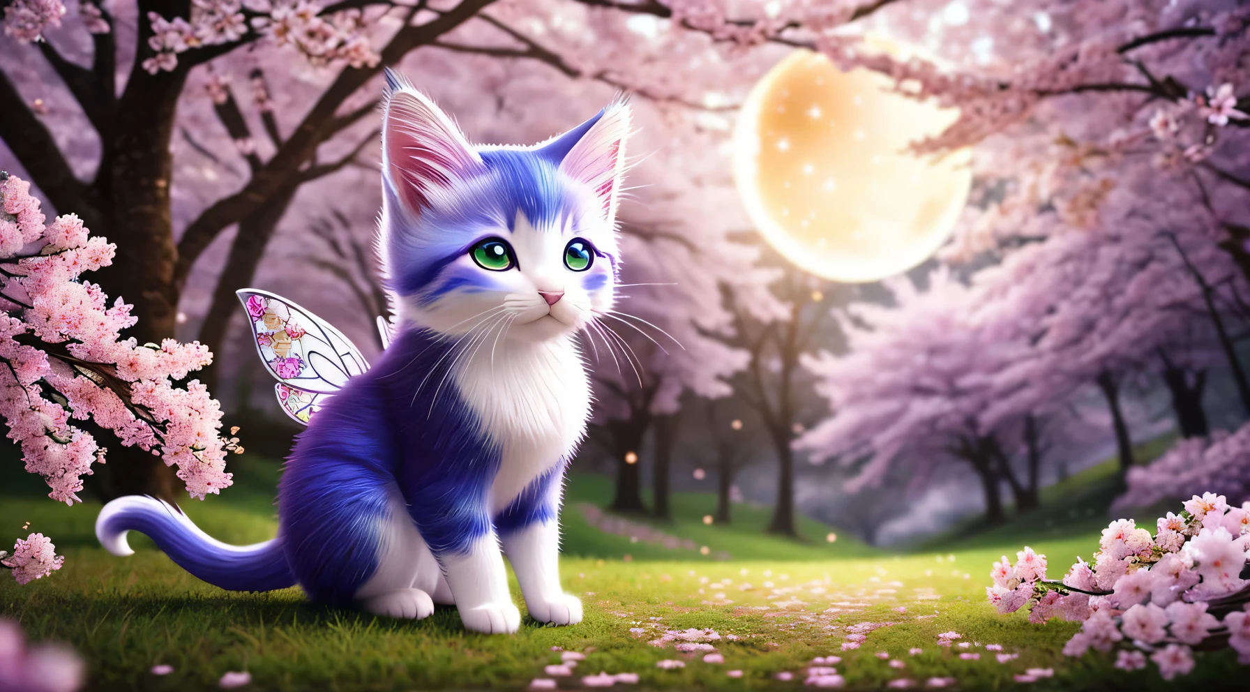 Side view, supersaturation, Be colorful, fairy tale, dream-like, Cinematic character rendering, Oil, 3D, 8K resolution, sequins, Sparkling, cherry blossom forest, moonlight, Anthropomorphic kitten king cute adorable chibi portrait close up, fine eyes, Large round reflective eyes,