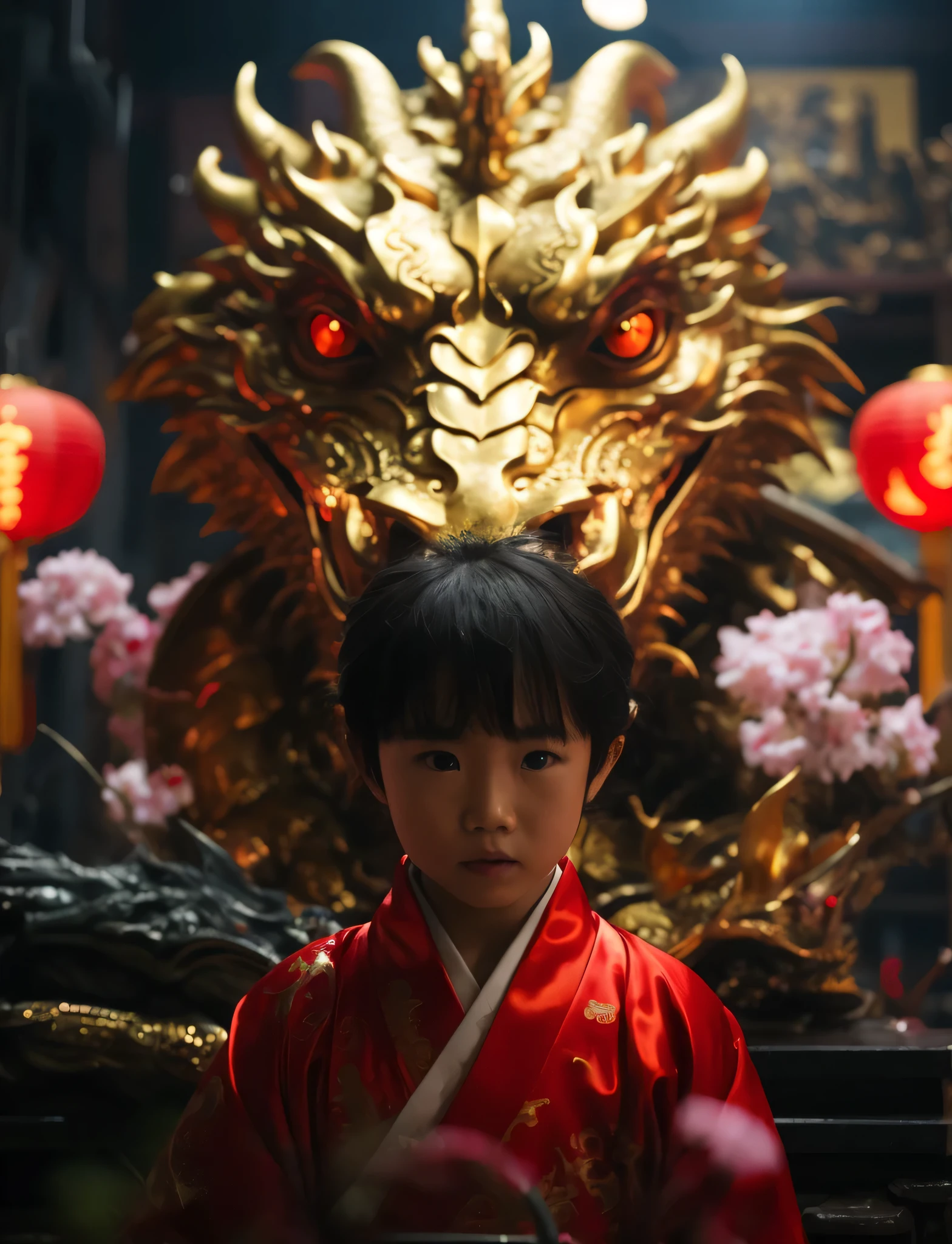 there is a young girl in a red jacket standing in front of a dragon statue, still from a live action movie, japanese live-action movie, scene from live action movie, wearing gilded red robes, the dragon girl portrait, handsome japanese demon boy, chinese new year in shanghai, still from a fantasy movie, akira from chinese mythology, cinematic. by leng jun