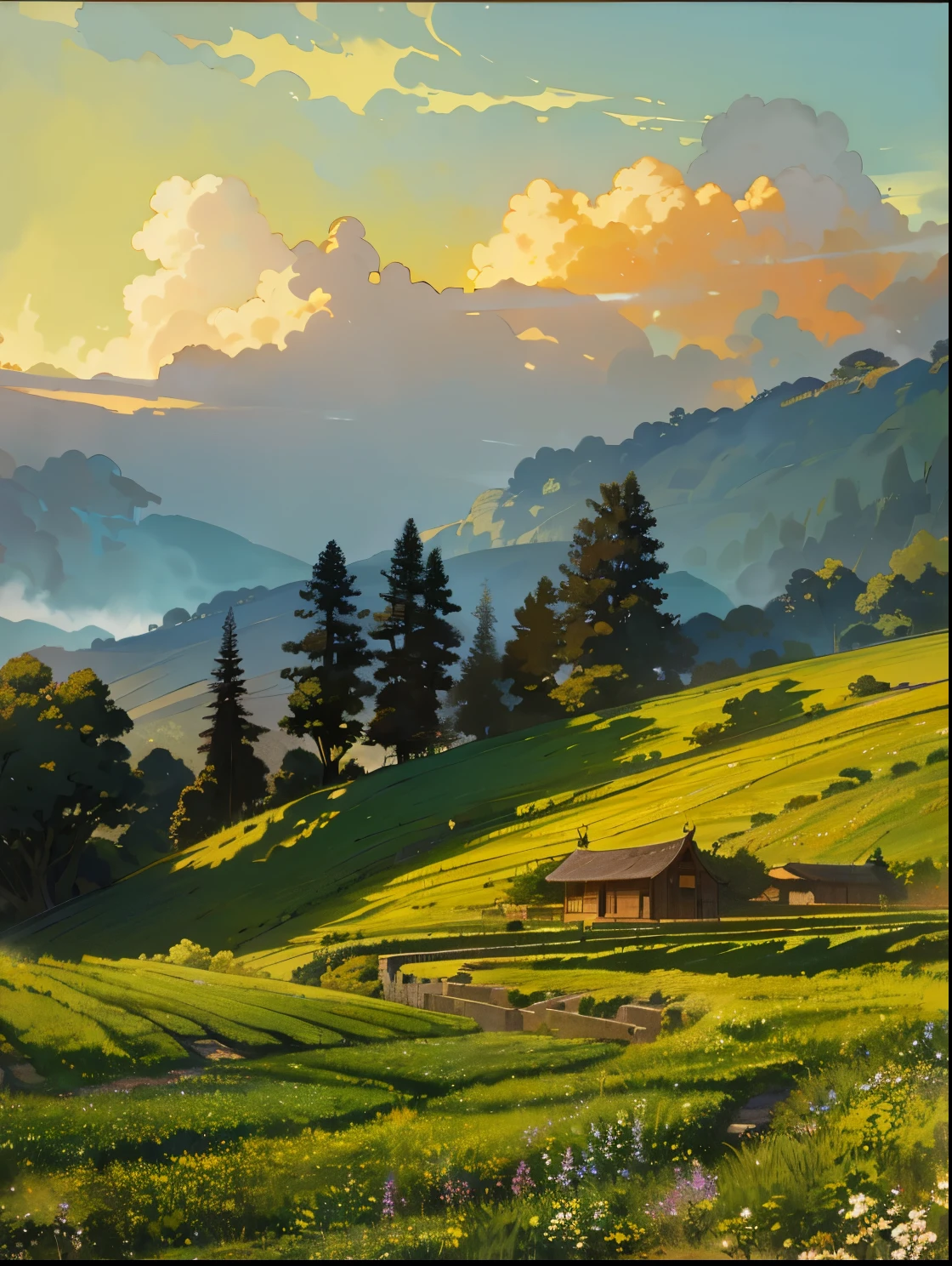 (masterpiece, best quality), artwork ,beautiful ,,epic , mood, beautiful lighting ,natural scenery , peacefully countryside ,ghibli 