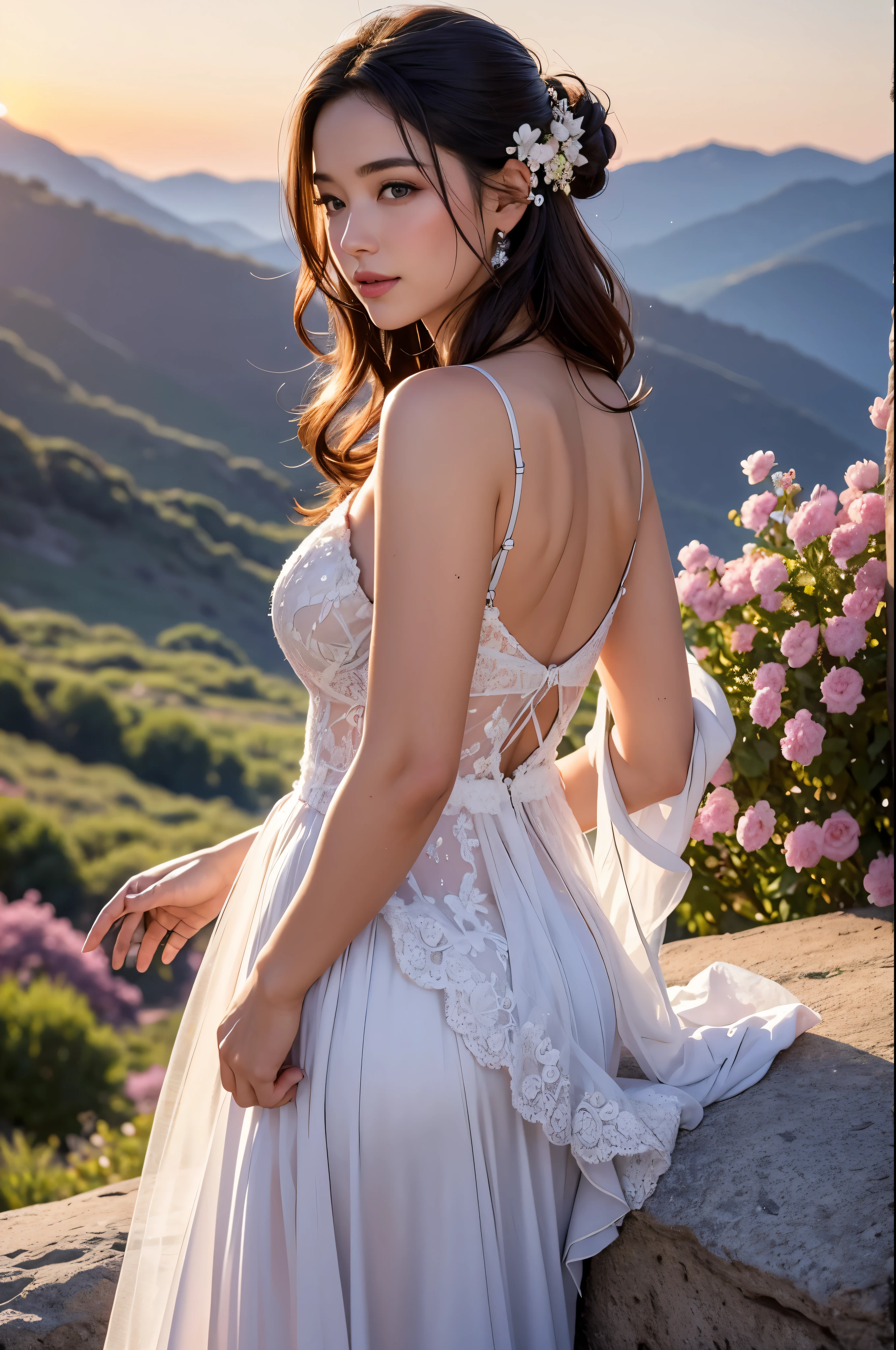 A beautiful woman stood atop a rocky outcropping, Her hair was swept up in loose curls that tumbled down her back, a subtle hint of makeup accentuated her high cheekbones, full lips, and flawless complexion. As she turned to face the camera, a soft smile played at the corners of her mouth, framing her delicate features and piercing blue eyes overlooking a breathtaking valley below. She wore a flowing wedding dress that billowed gently in the breeze ,the lace was delicately embroidered with tiny flowers and vines, while the hem was adorned with sparkling crystals that caught the light and glimmered like stars. In the foreground, a bed of wildflowers added a pop of color to the scene, with vibrant hues of pink, purple, and yellow. Bees buzzed lazily from blossom to blossom, collecting nectar in the golden light of the setting sun. The sun was setting behind the mountains, casting a warm orange glow across the vast landscape.