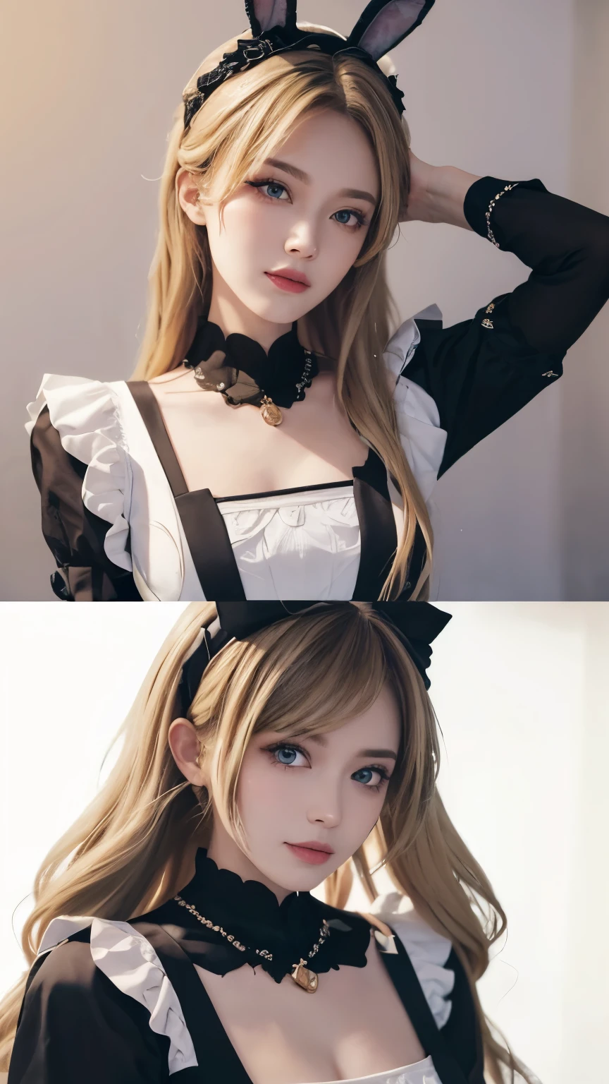 8K，highest quality，masutepiece：1.2），（Realistic，Realism：1.37），Shoot from the hip up，highest quality，masutepiece，beautiful，A pensive expression，charming、seductive appearance，Cute maid outfit，Hair tied behind the head, blonde，blond，long hair，curls，blue eyes，background, light skin tone，Wearing a pink bunny ears headband，