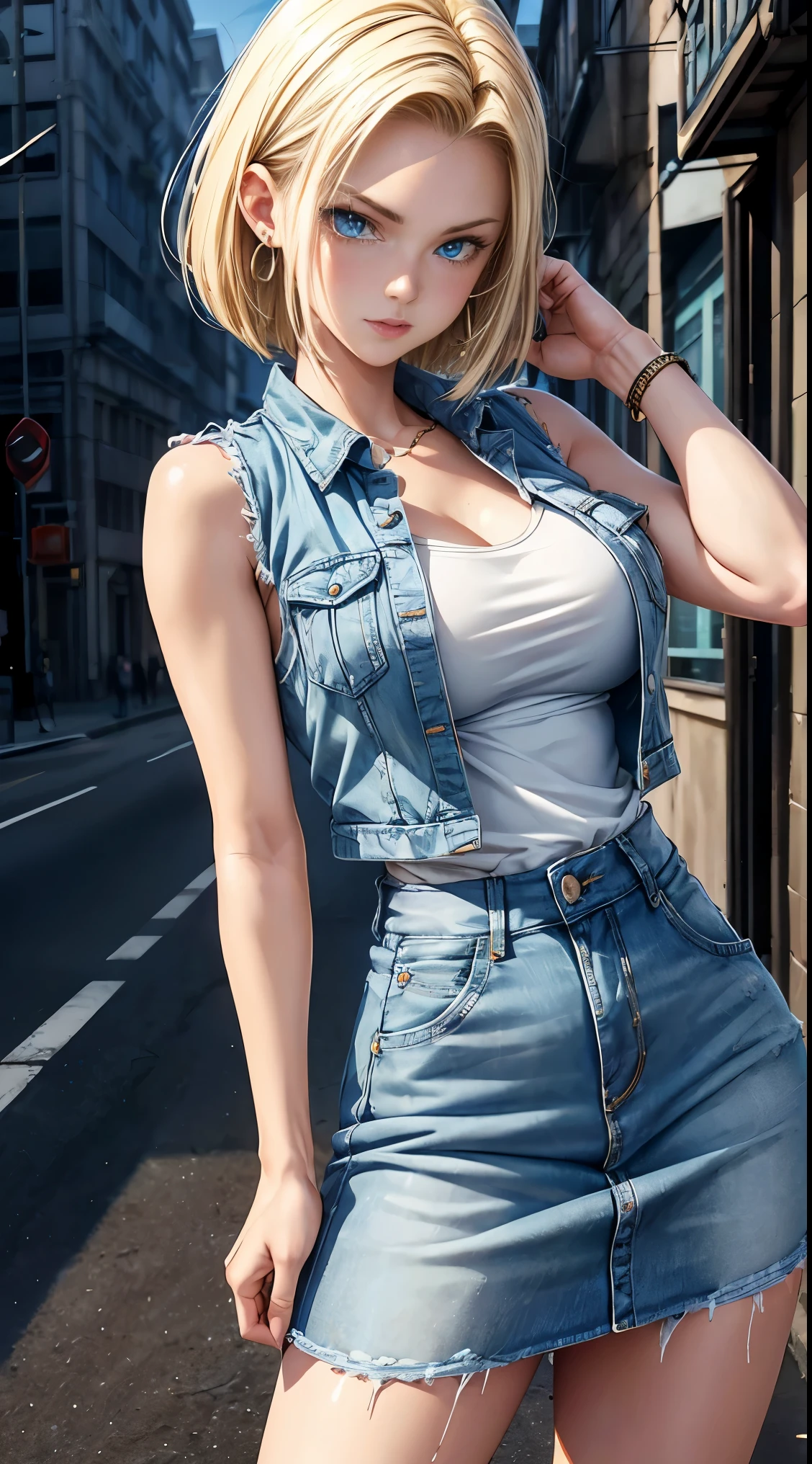 highest quality, High resolution, Artificial Man No. 18, 1 girl, android 18, alone, blonde hair, blue eyes, The hairstyle is one length, laughter，earrings, jewelry, denim dress, open vest, white t-shirt，distressed jeans，big breasts, sexy pose，street, (external expansion chest: 1.2)，