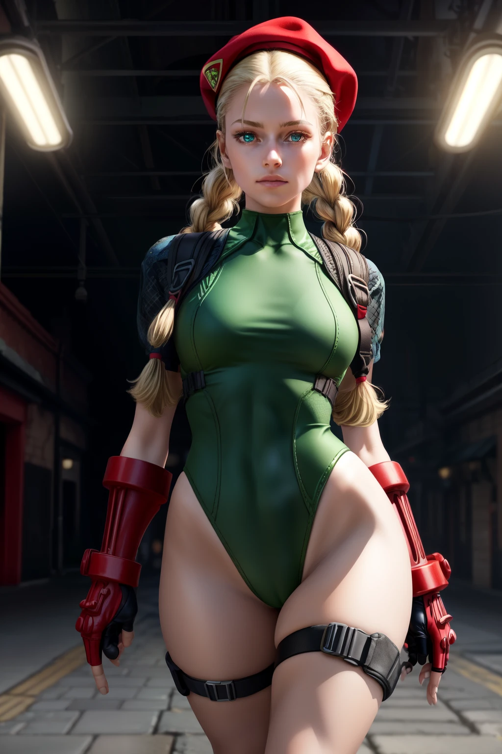 (best quality, masterpiece, perfect ligthing, bloom, cinematic lighting, twin long braids, red hat, open legs), cammy white, blue eyes, blonde hair, long hair, large hips, red headwear, green leotard, fingerless gloves, harness, thighs, red socks, black footwear, ahoge, looking at viewer,